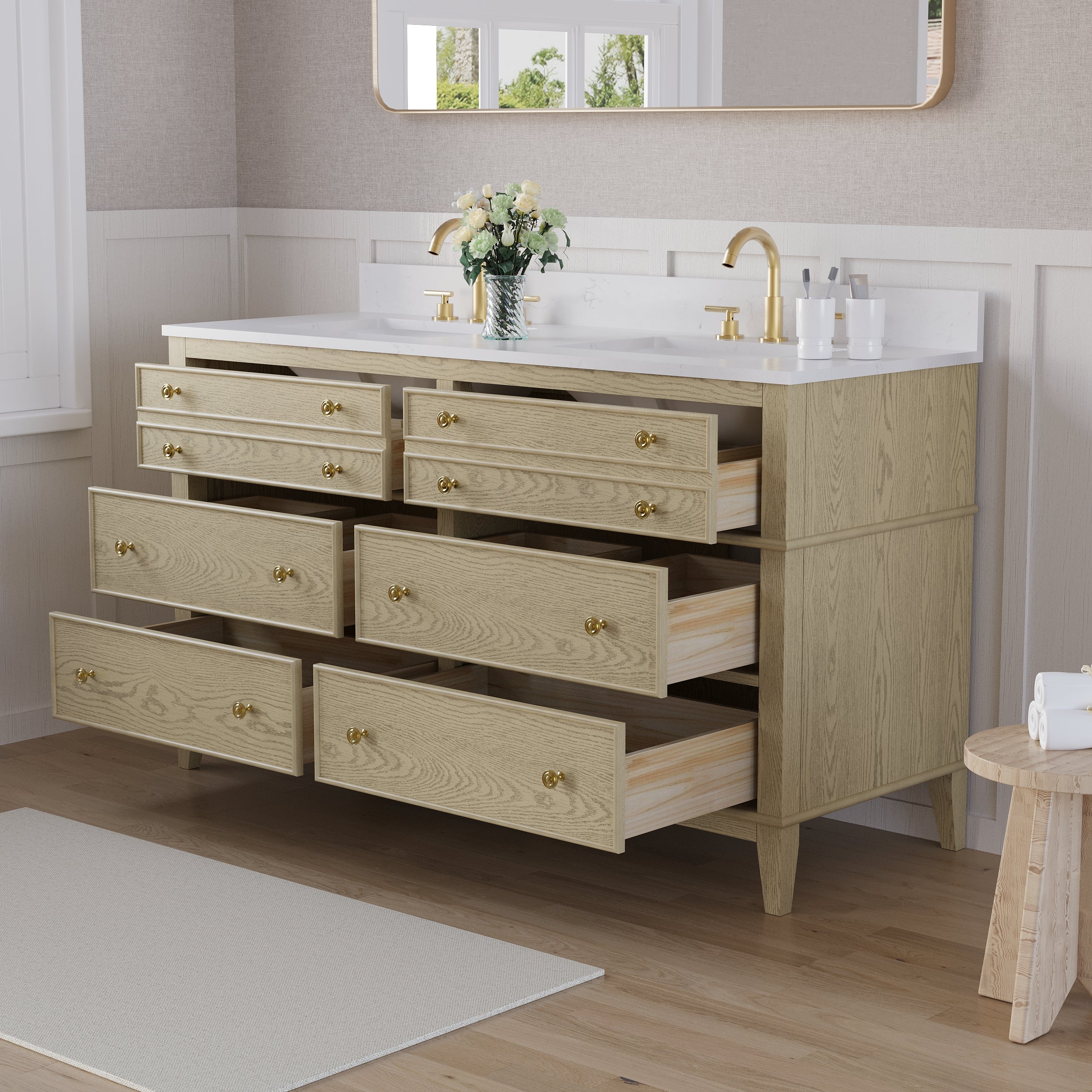 60 in. OAK Double Sinks Freestanding Solid Wood Bathroom Vanity with Carrara White Quartz Countertop