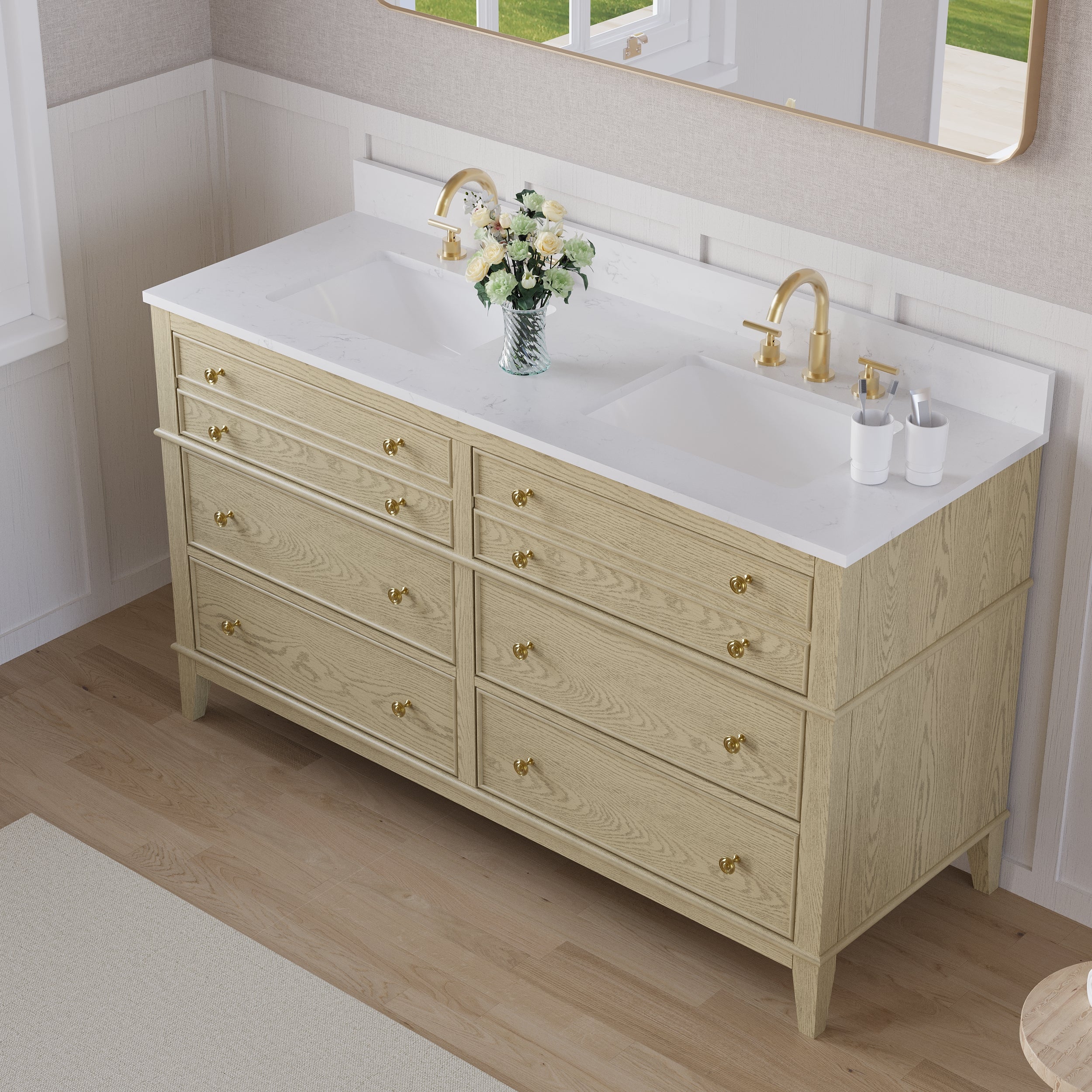 60 in. OAK Double Sinks Freestanding Solid Wood Bathroom Vanity with Carrara White Quartz Countertop