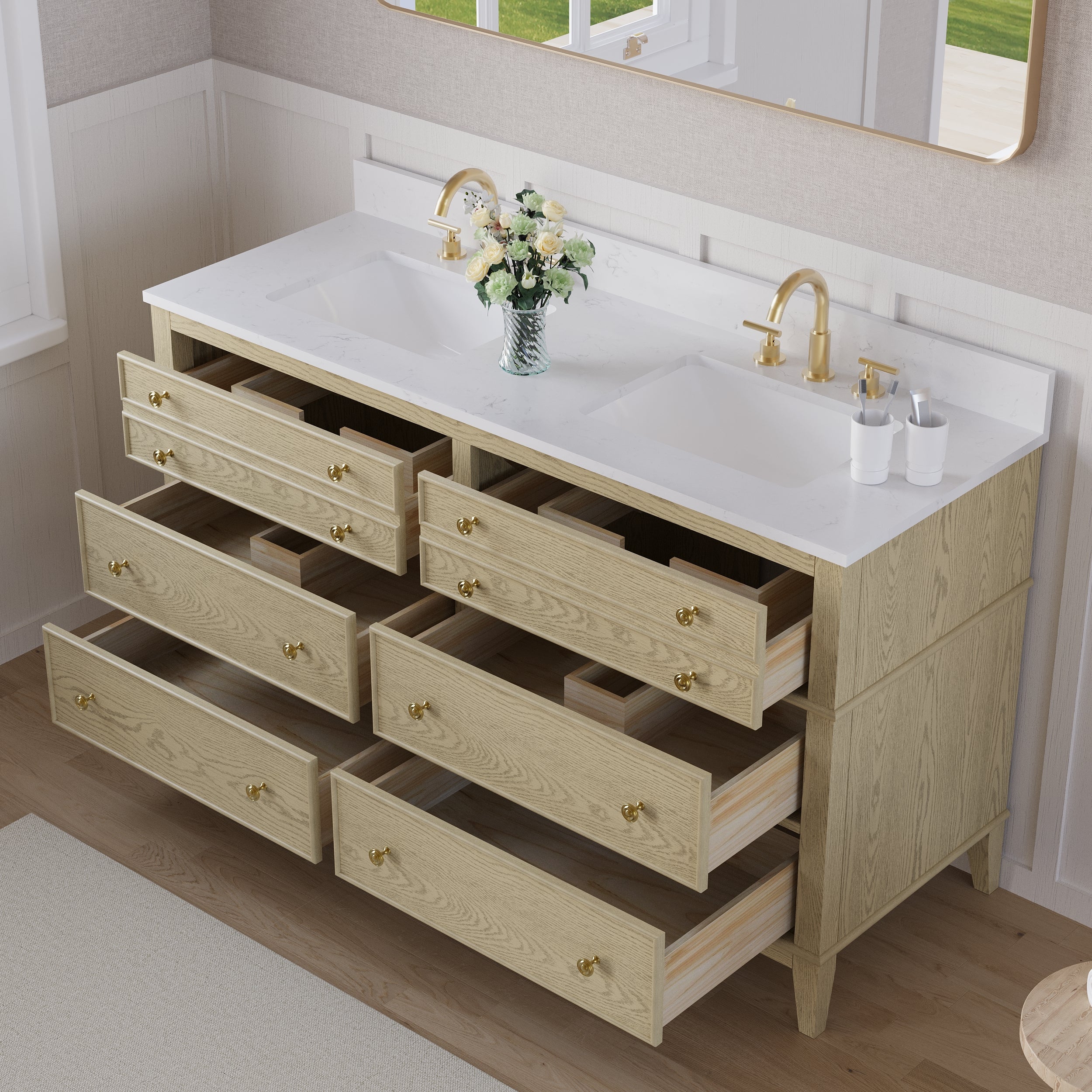 60 in. OAK Double Sinks Freestanding Solid Wood Bathroom Vanity with Carrara White Quartz Countertop