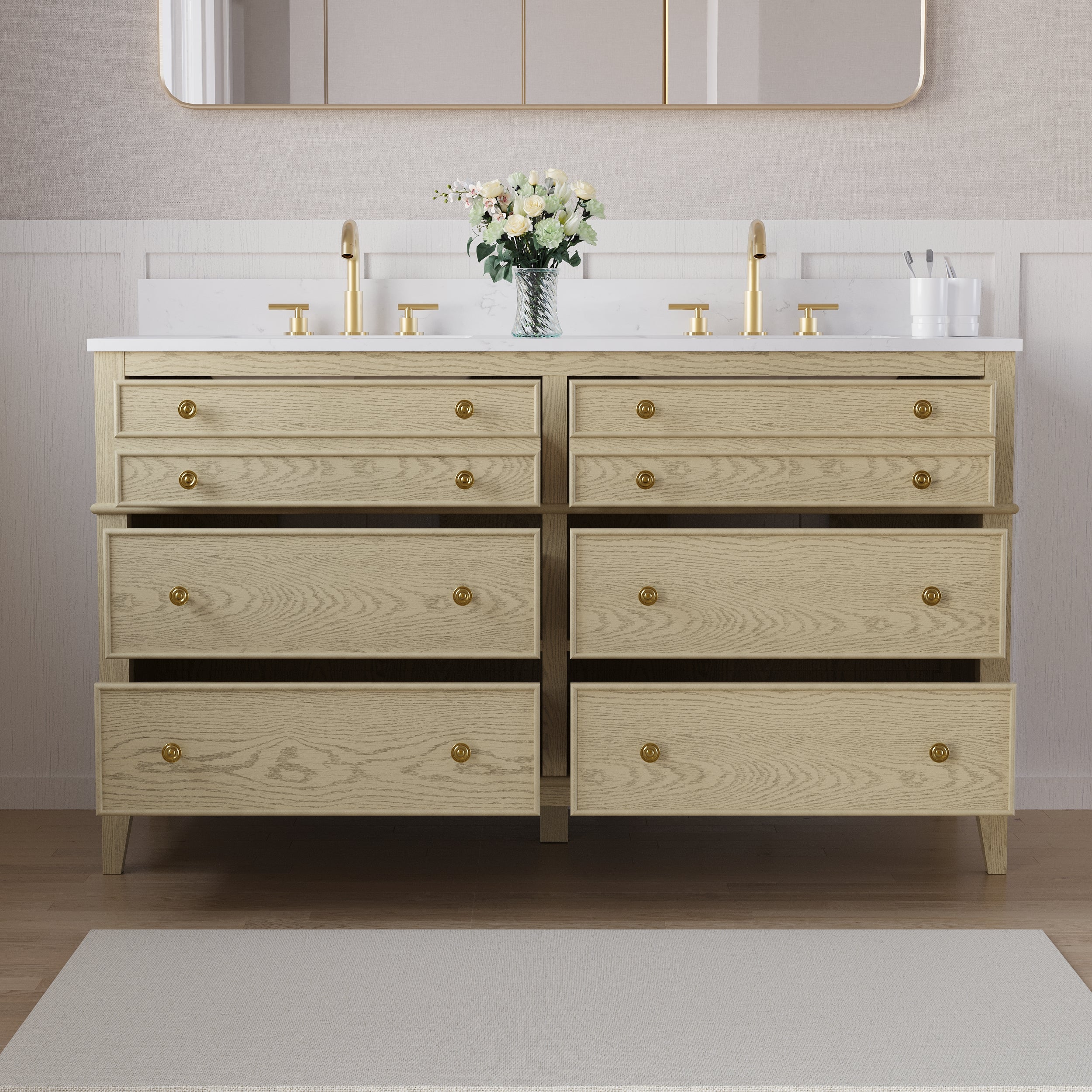 60 in. OAK Double Sinks Freestanding Solid Wood Bathroom Vanity with Carrara White Quartz Countertop
