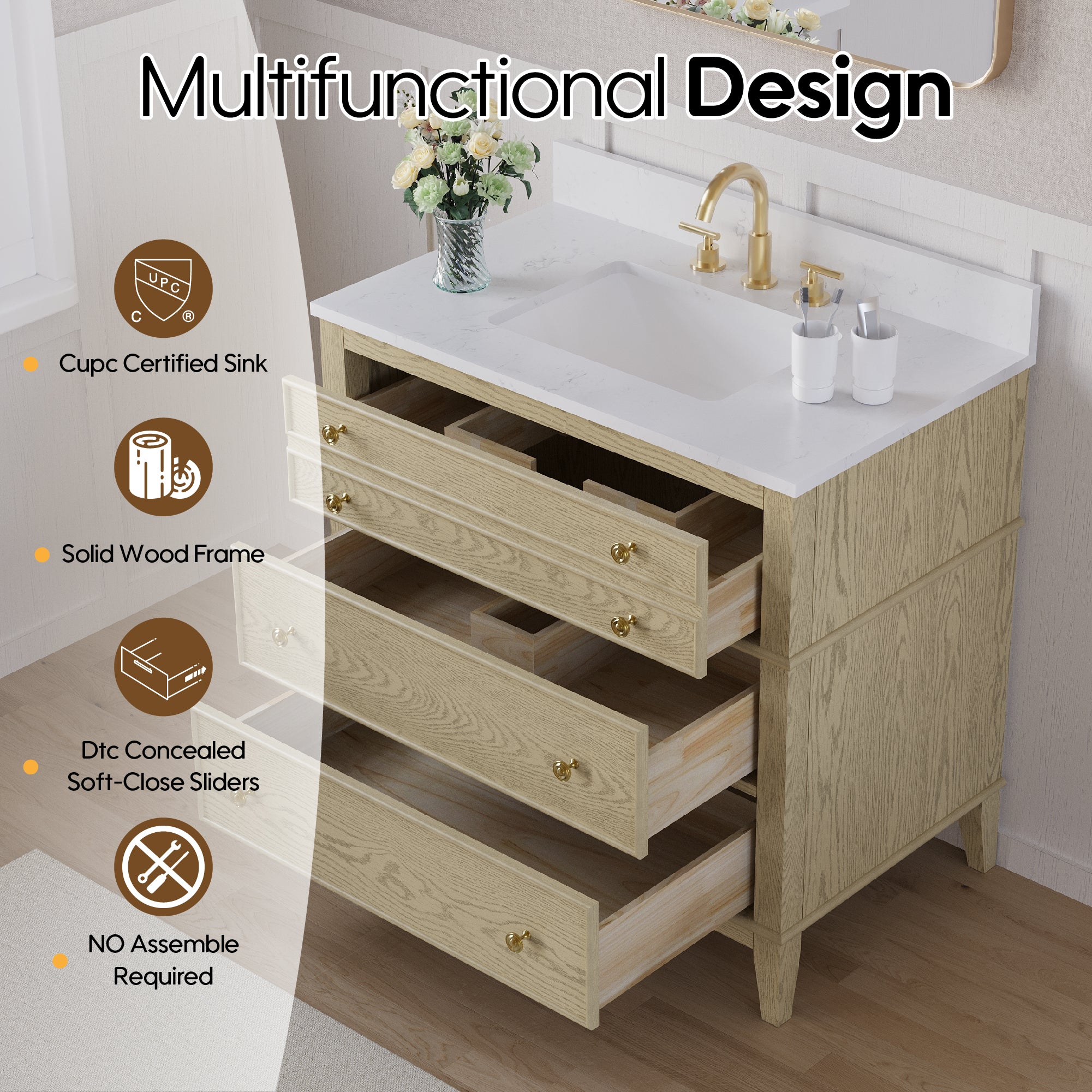 36 in. OAK Single Sink Freestanding Solid Wood Bathroom Vanity Storage Organizer with Carrara White Quartz Countertop