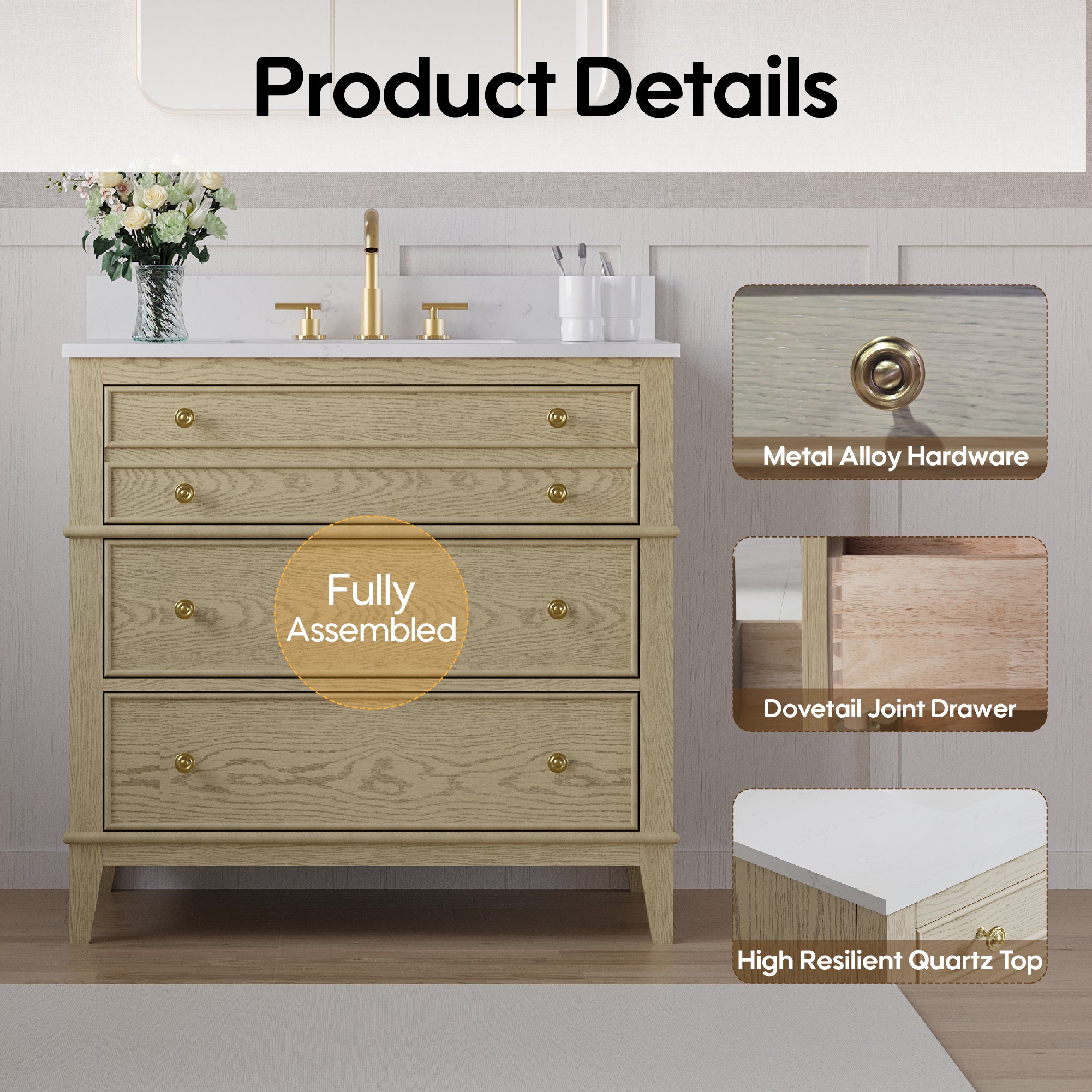 36 in. OAK Single Sink Freestanding Solid Wood Bathroom Vanity Storage Organizer with Carrara White Quartz Countertop