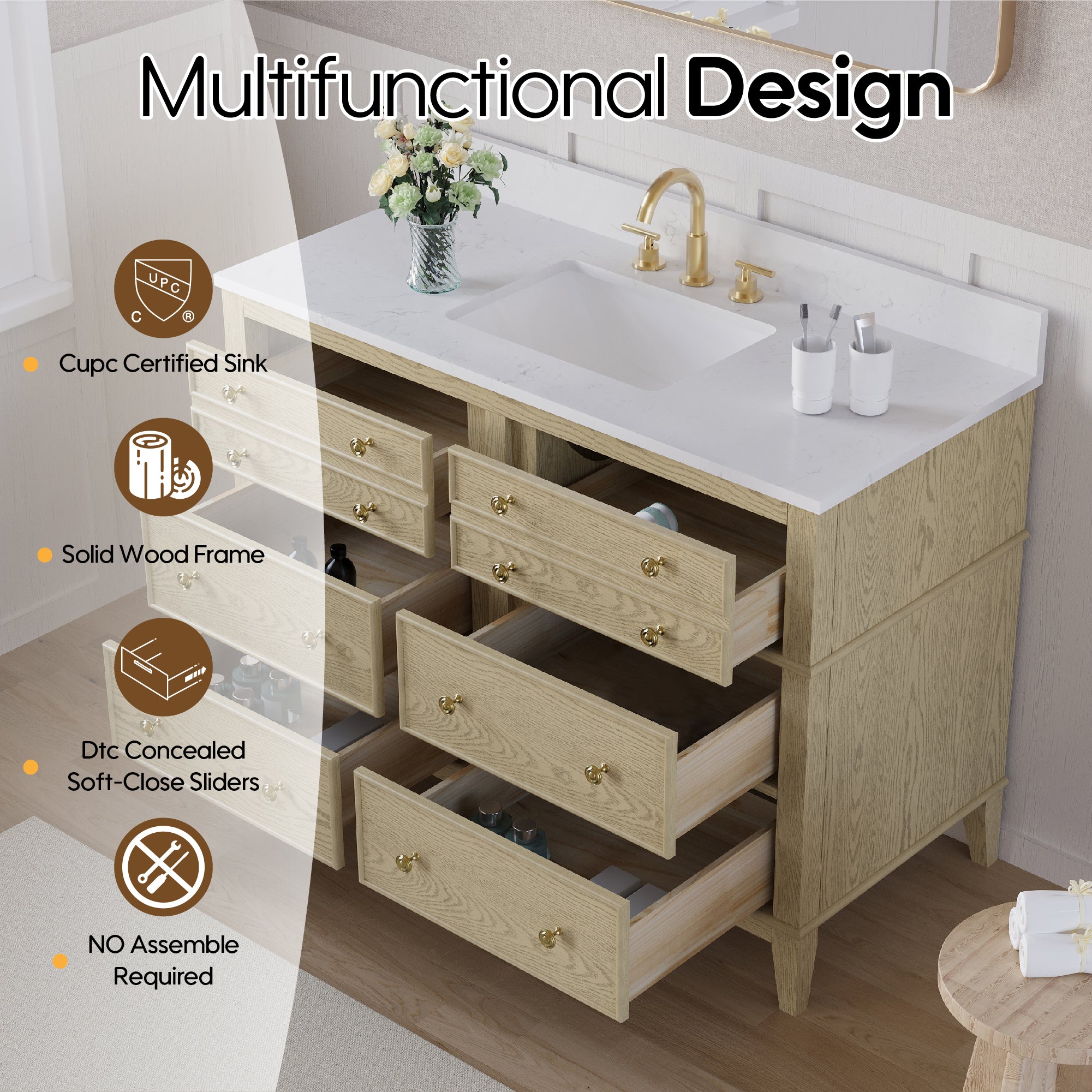 48 in. OAK Single Sink Freestanding Solid Wood Bathroom Vanity with Carrara White Quartz Countertop
