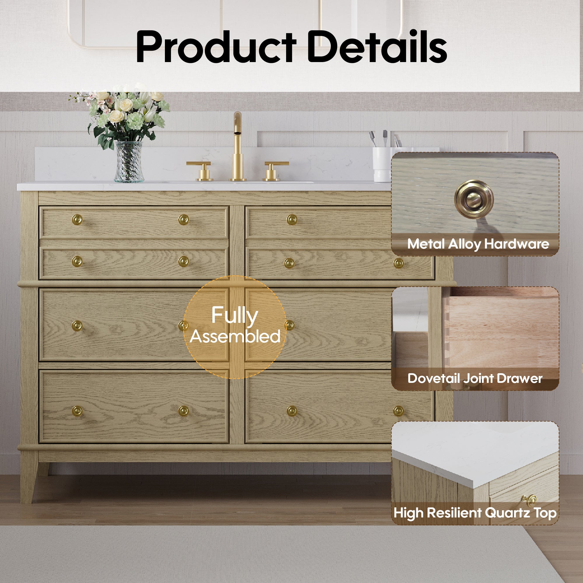 48 in. OAK Single Sink Freestanding Solid Wood Bathroom Vanity with Carrara White Quartz Countertop