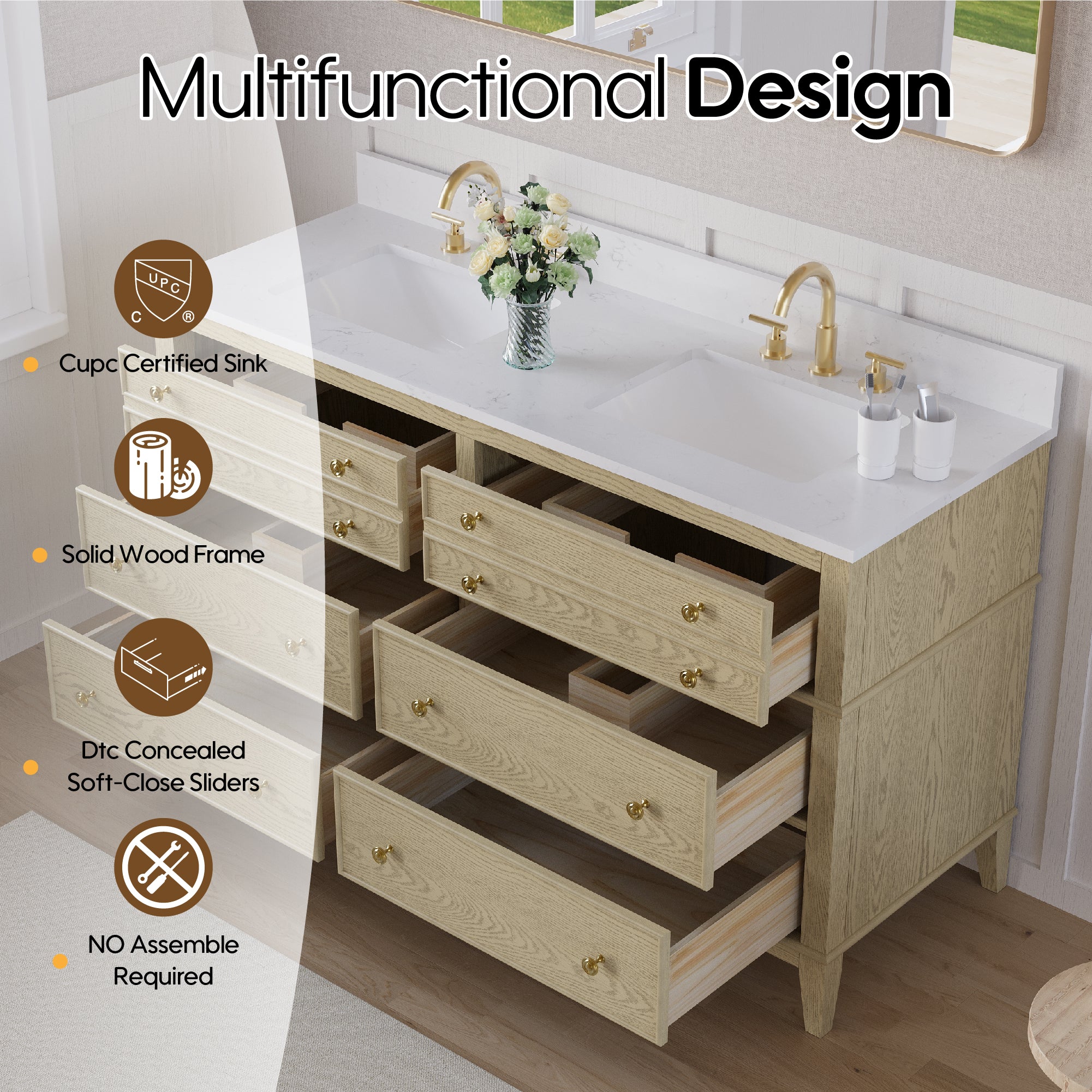 60 in. OAK Double Sinks Freestanding Solid Wood Bathroom Vanity with Carrara White Quartz Countertop
