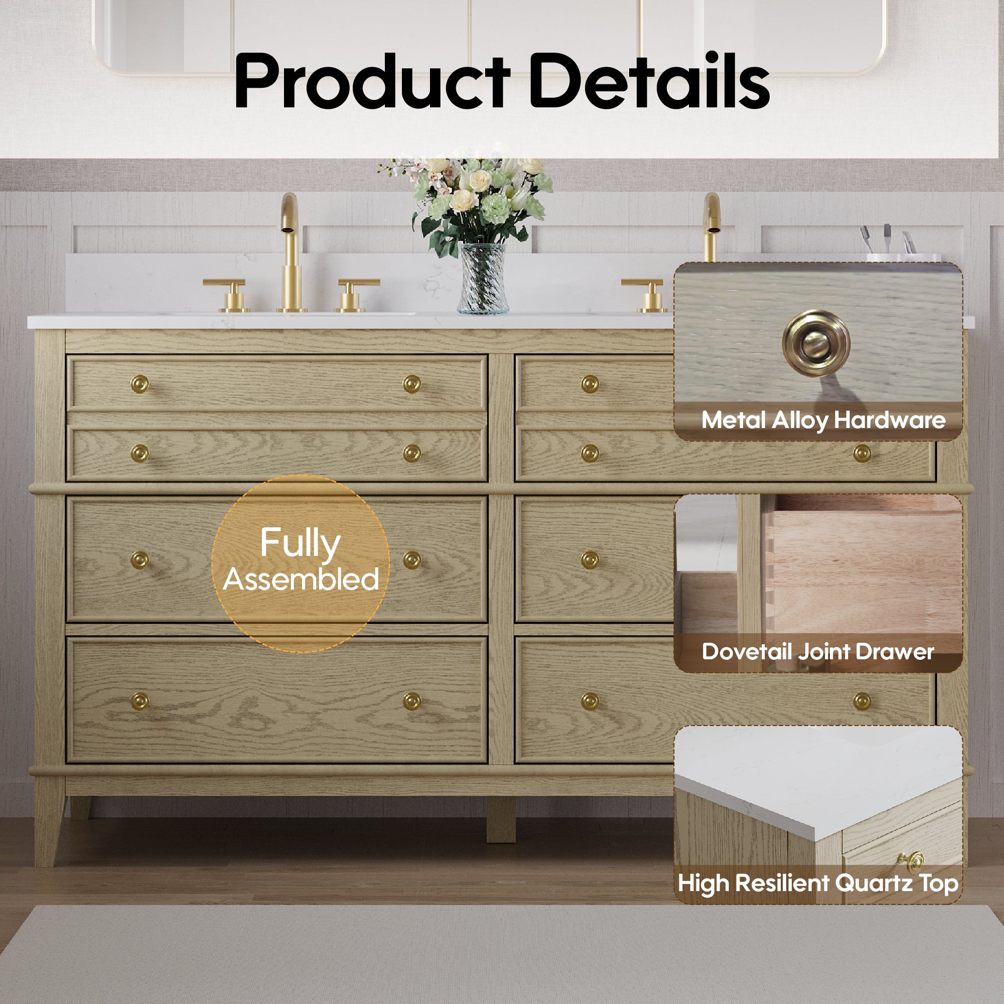 60 in. OAK Double Sinks Freestanding Solid Wood Bathroom Vanity with Carrara White Quartz Countertop