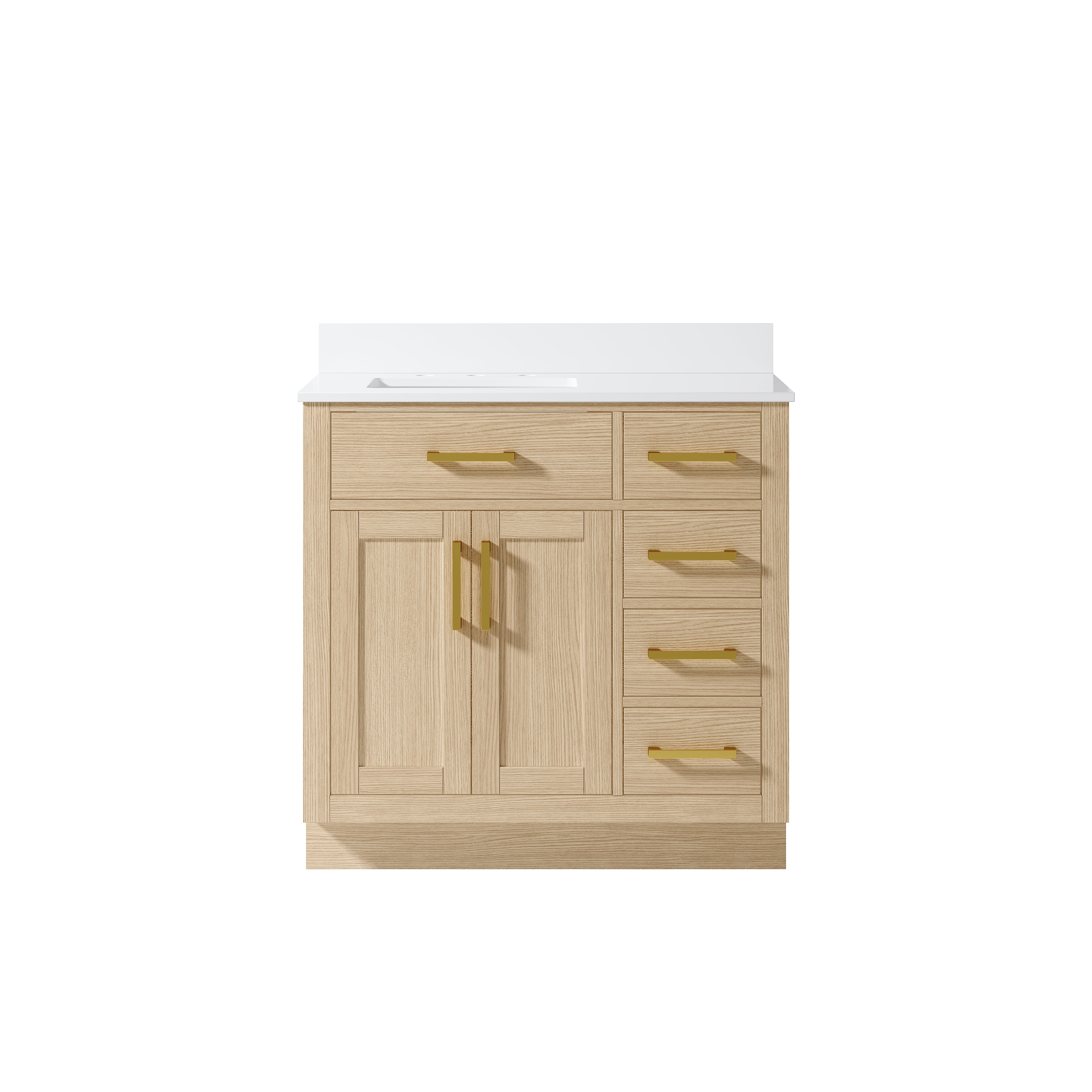 36 Inch Solid Wood Bathroom Vanity with White Cultured Marble Top, 2 Soft-Close Doors & 5 Drawers, OAK