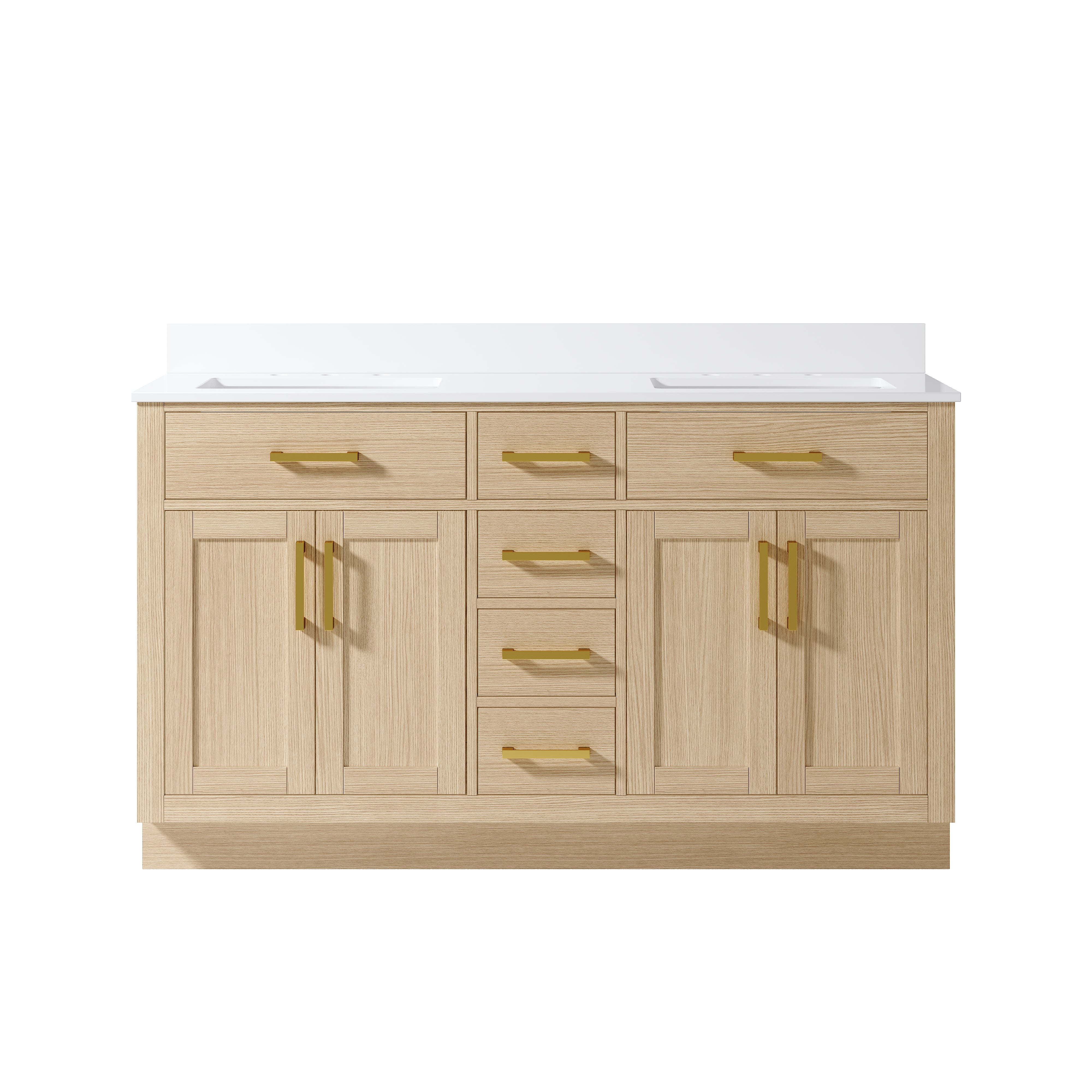 60 Inch Solid Wood Bathroom Vanity with White Cultured Marble Top, 4 Soft-Close Doors & 6 Drawers, OAK