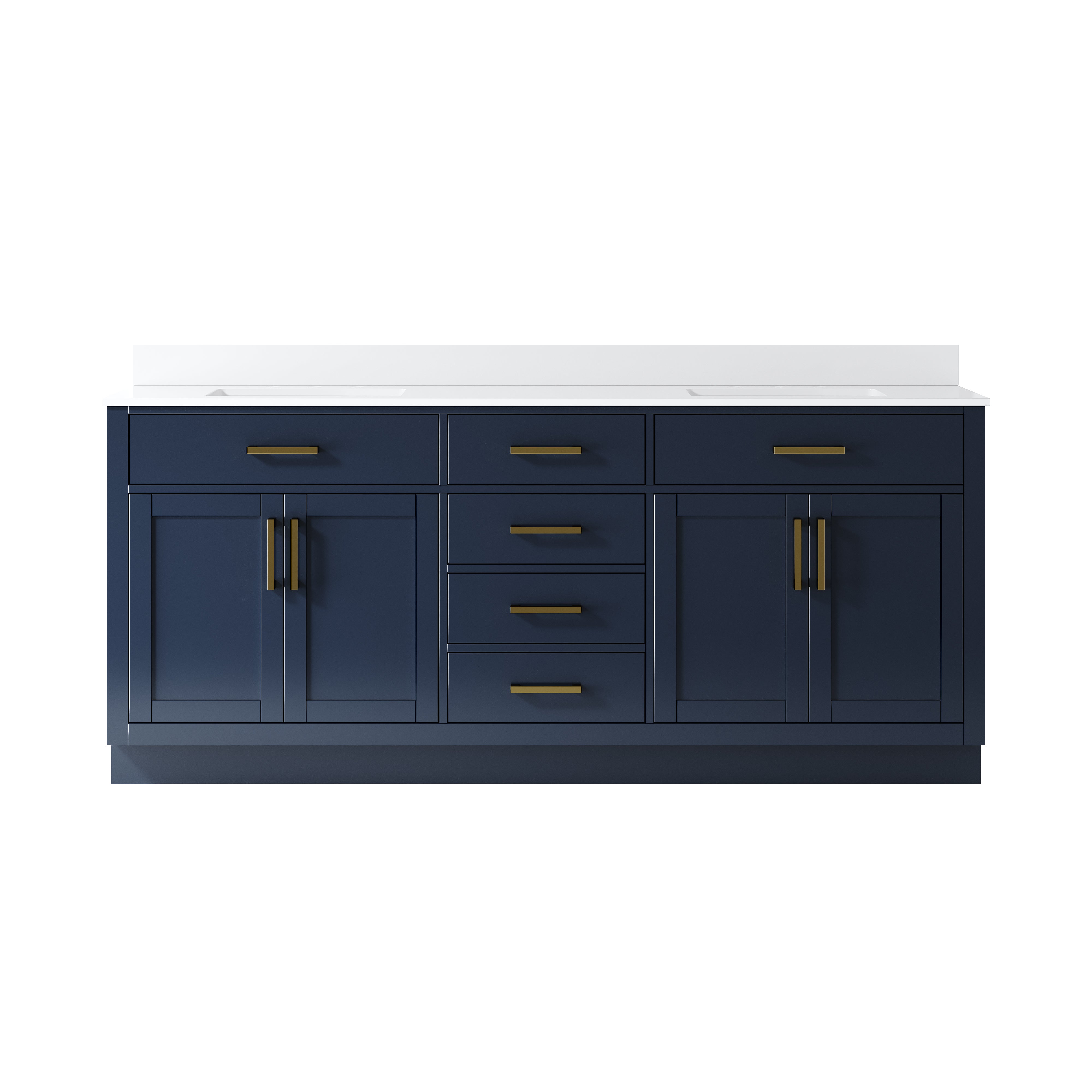 80 Inch Solid Wood Bathroom Vanity with White Cultured Marble Top, 4 Soft-Close Doors & 6 Drawers, Navy Blue