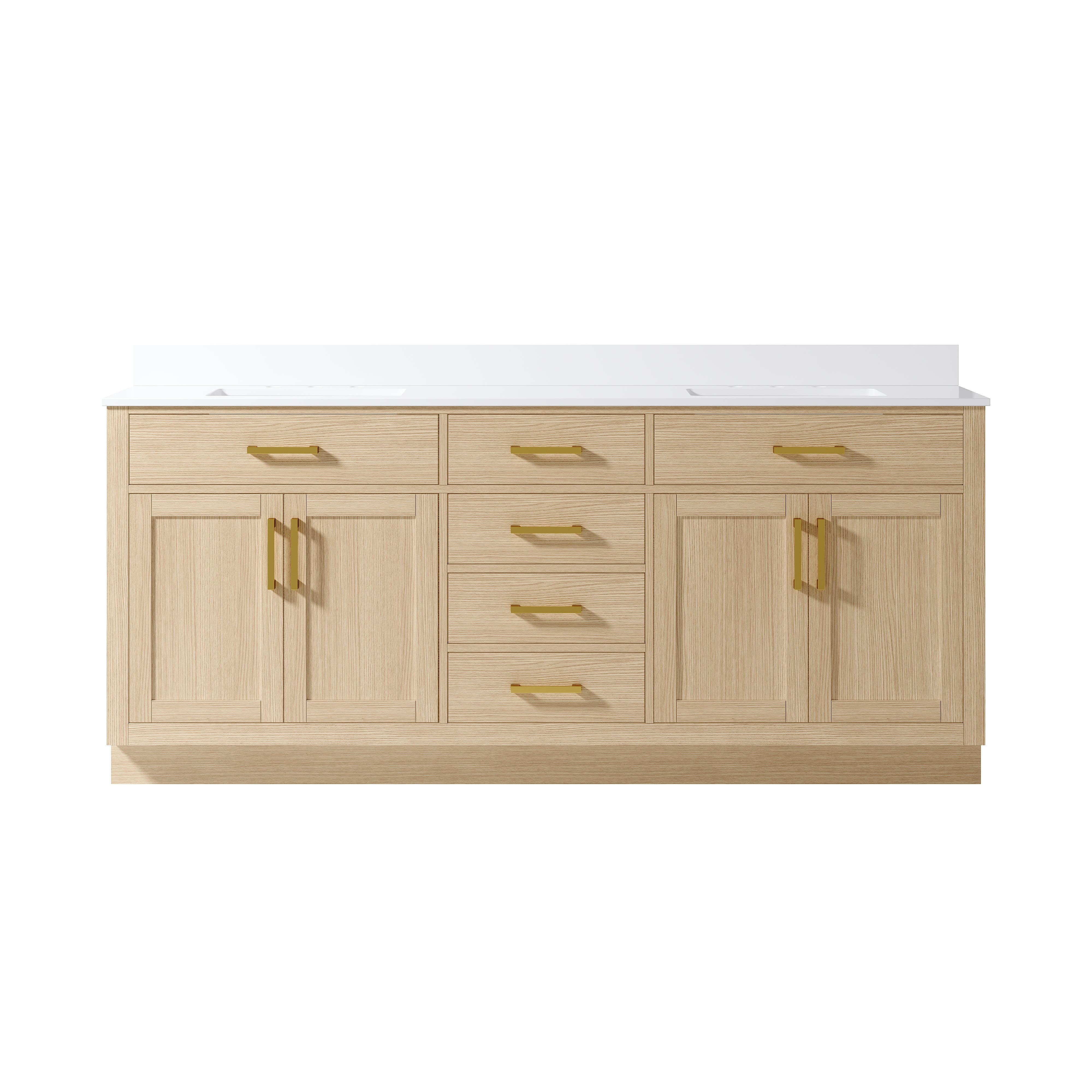 80 Inch Solid Wood Bathroom Vanity with White Cultured Marble Top, 4 Soft-Close Doors & 6 Drawers, OAK