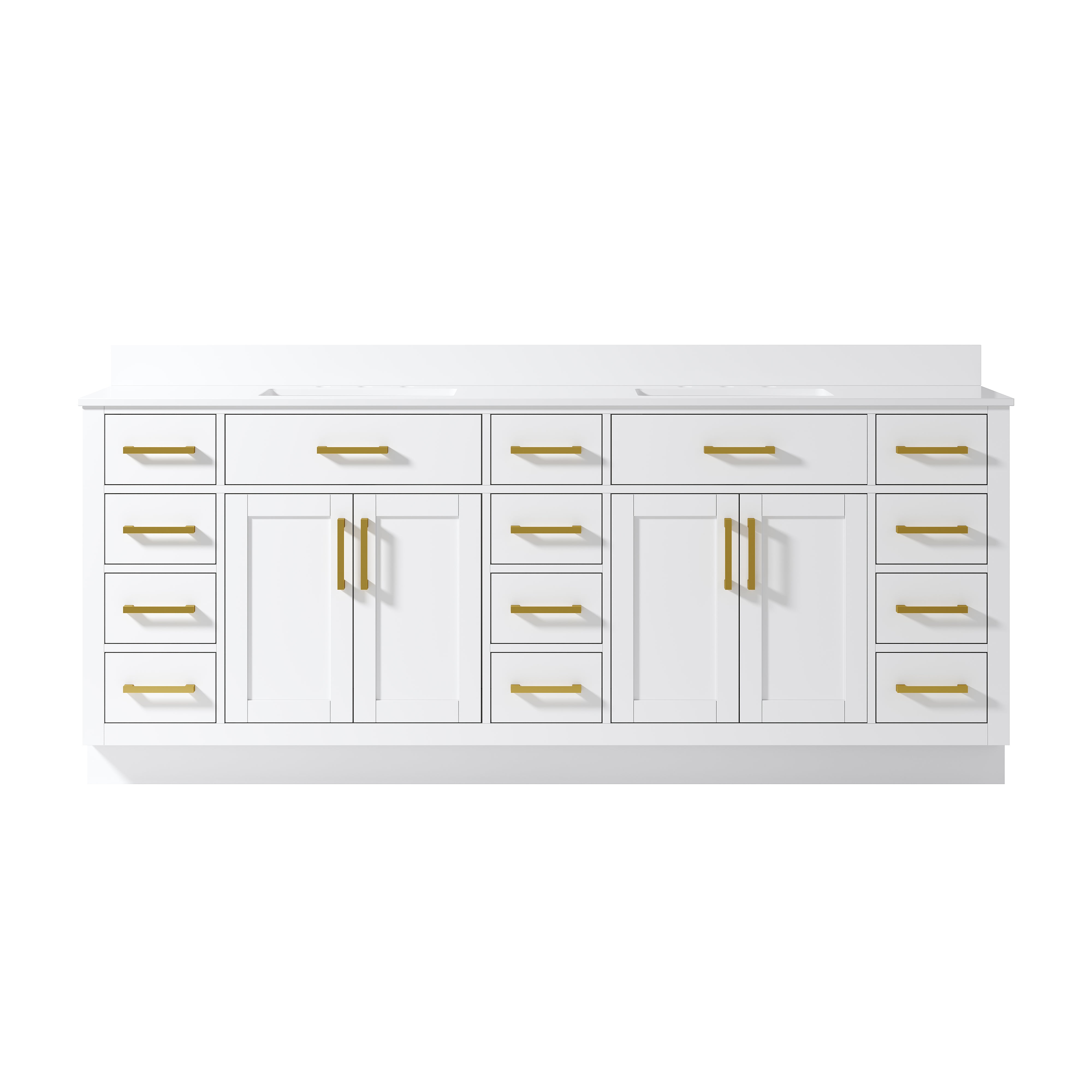 84 Inch Solid Wood Bathroom Vanity with White Cultured Marble Top, 4 Soft-Close Doors & 14 Drawers, White