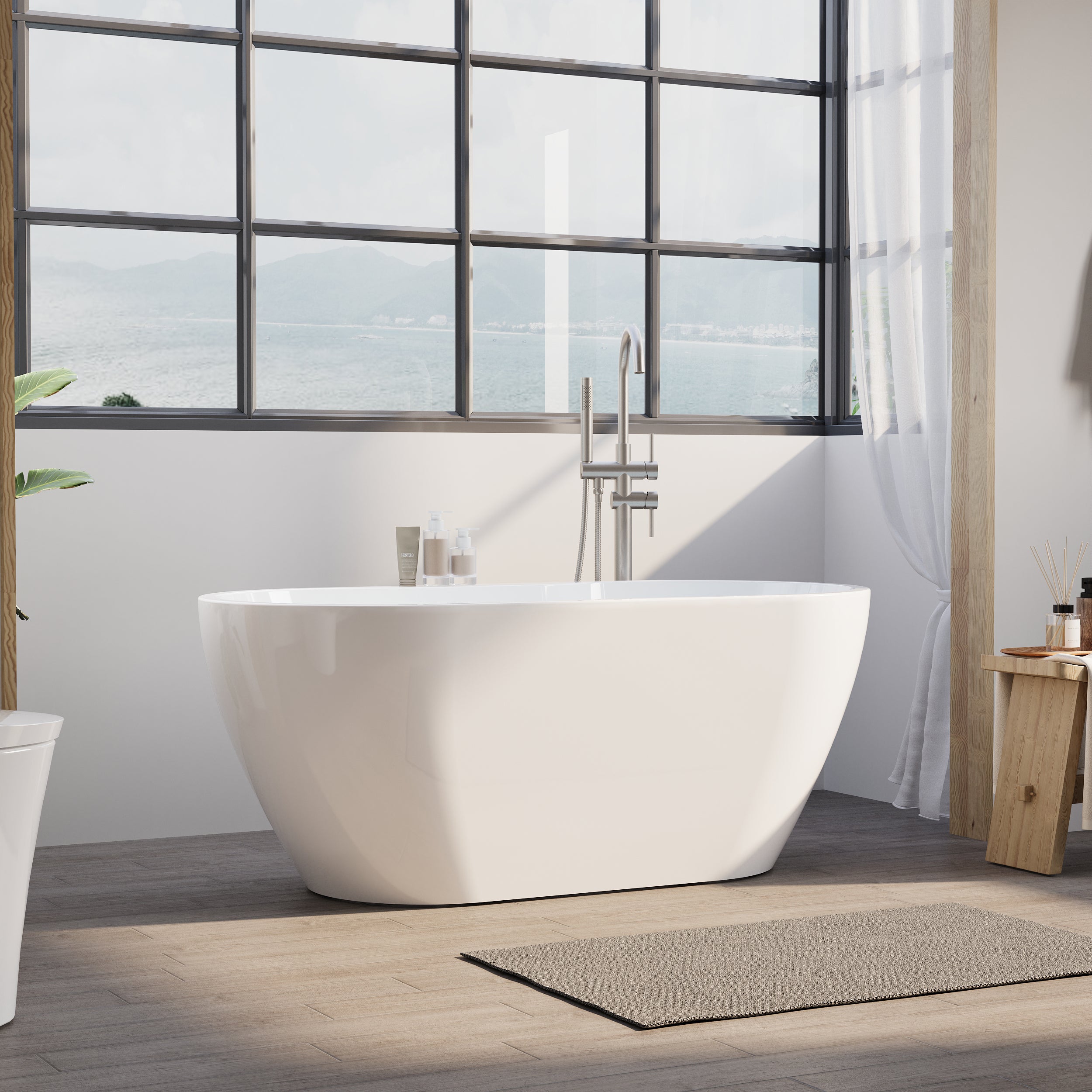 57" Glossy White Acrylic Freestanding Bathtub with Chrome Overflow and Drain, 54 Gallon