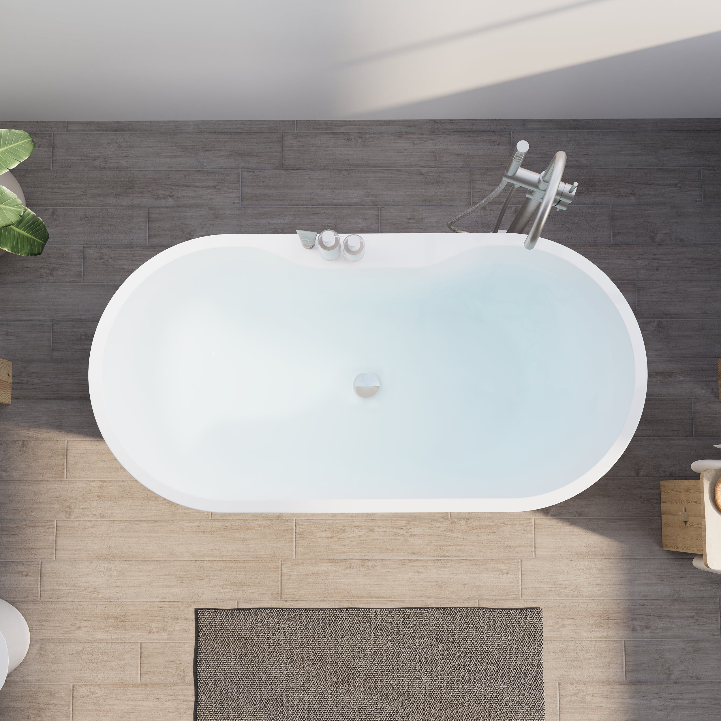 57" Glossy White Acrylic Freestanding Bathtub with Chrome Overflow and Drain, 54 Gallon