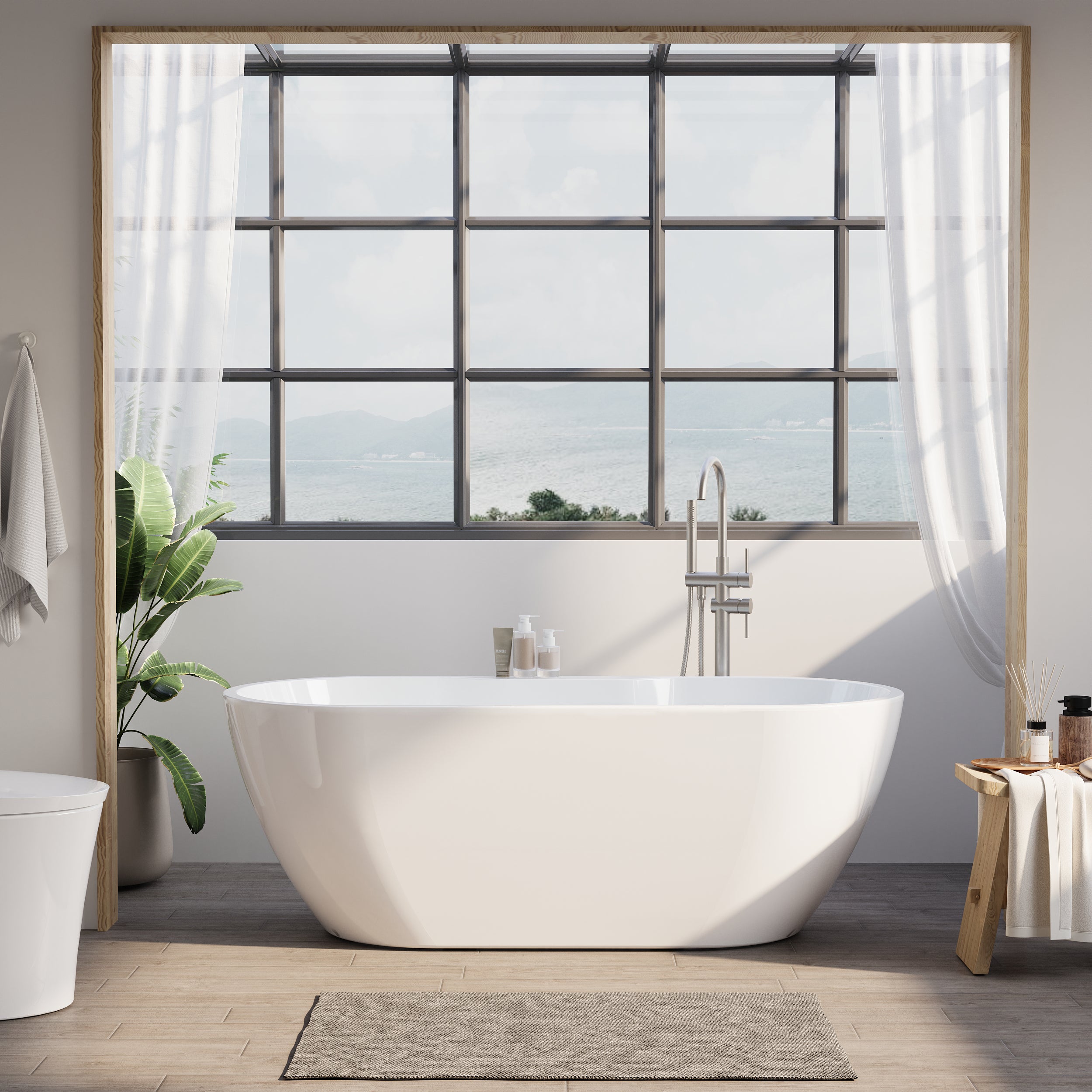 65" Glossy White Acrylic Freestanding Bathtub with Chrome Overflow and Drain, 62 Gallon