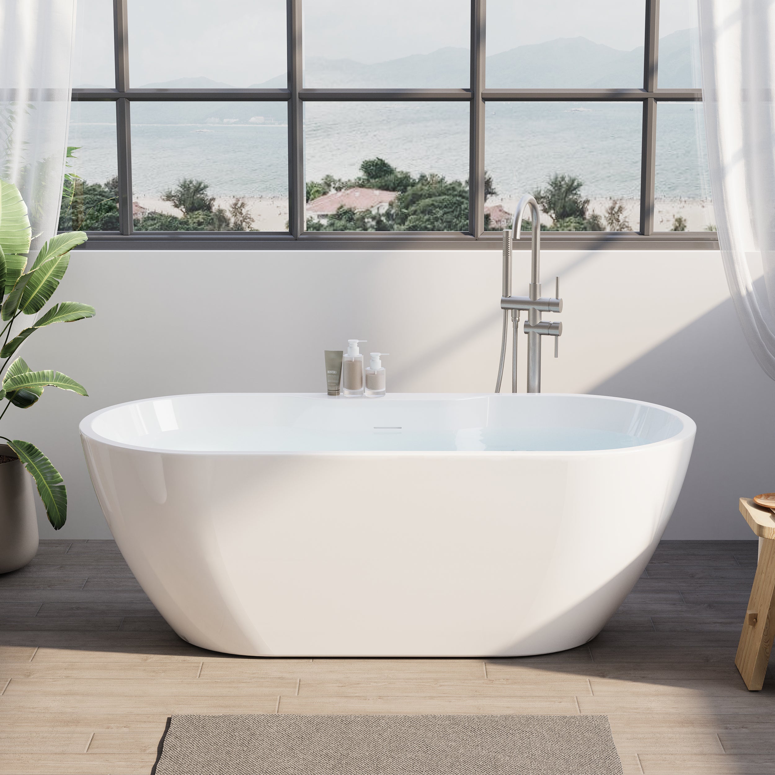 65" Glossy White Acrylic Freestanding Bathtub with Chrome Overflow and Drain, 62 Gallon