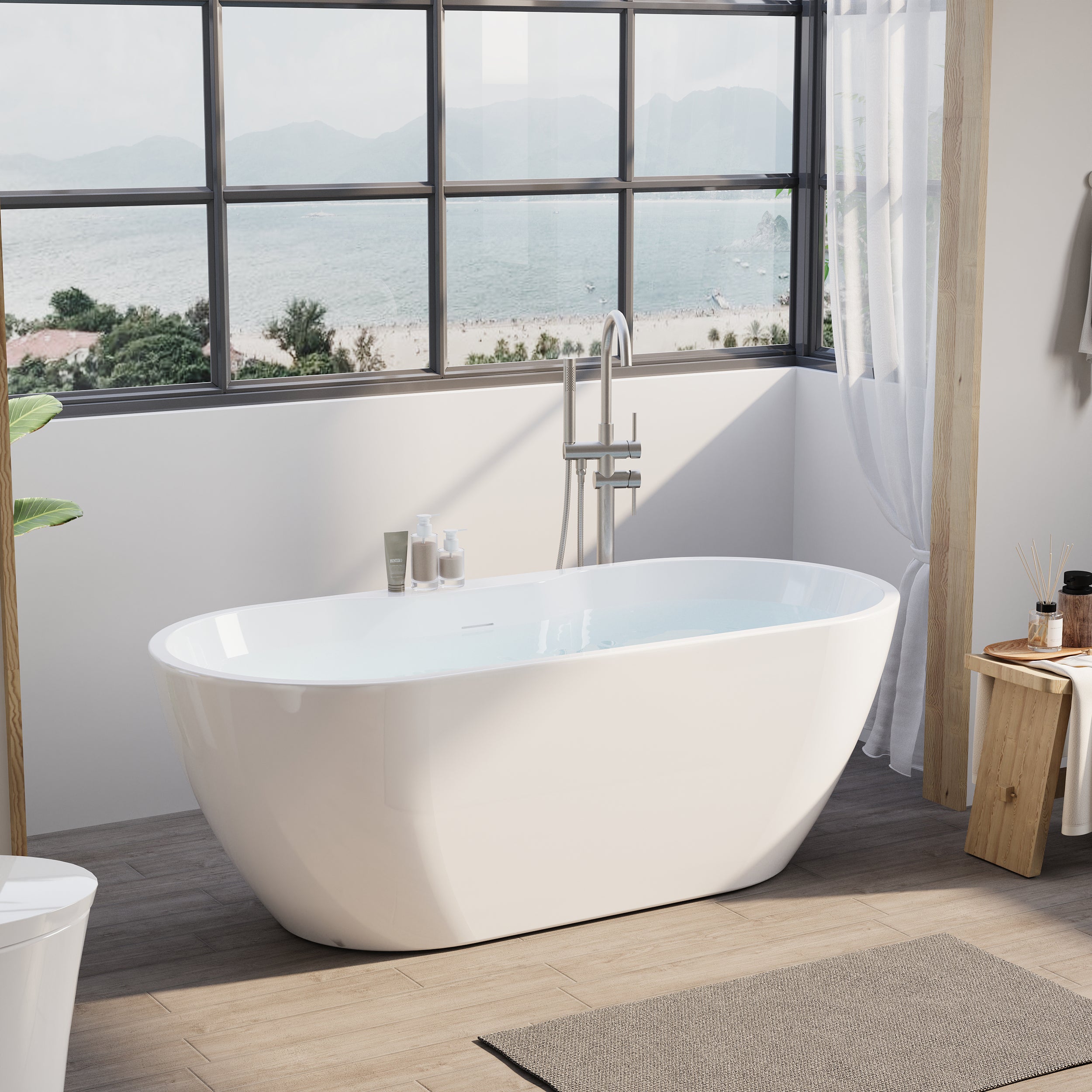 65" Glossy White Acrylic Freestanding Bathtub with Chrome Overflow and Drain, 62 Gallon