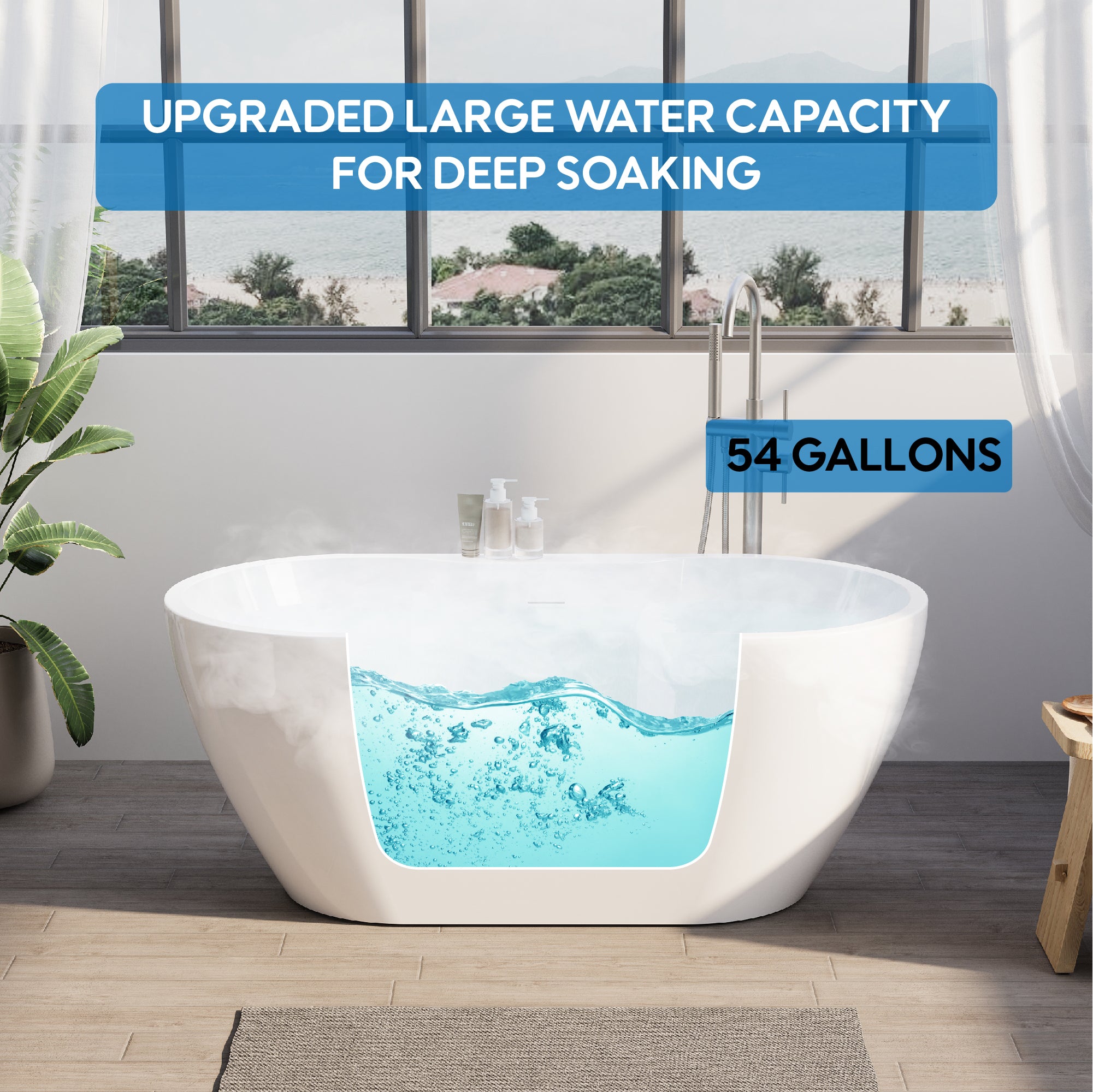 57" Glossy White Acrylic Freestanding Bathtub with Chrome Overflow and Drain, 54 Gallon