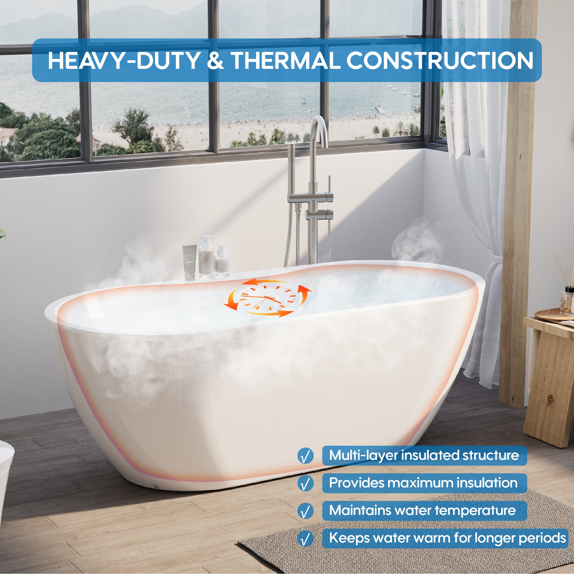 65" Glossy White Acrylic Freestanding Bathtub with Chrome Overflow and Drain, 62 Gallon