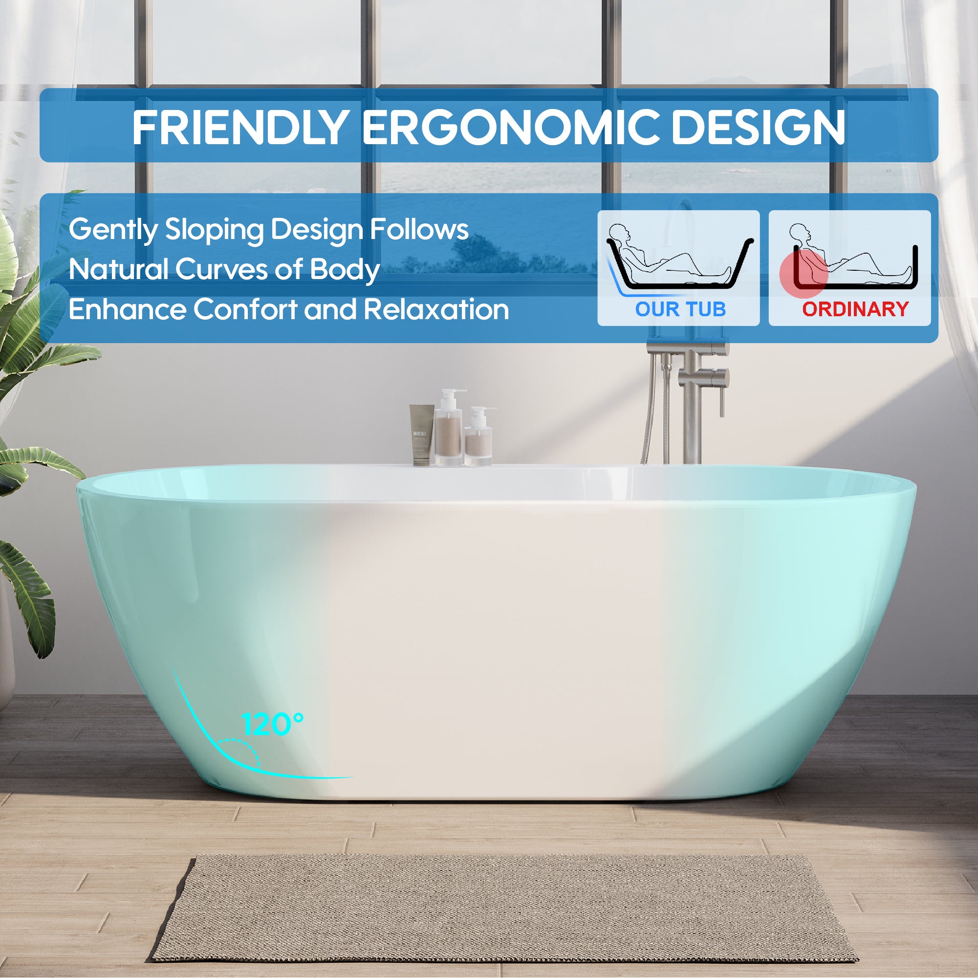 65" Glossy White Acrylic Freestanding Bathtub with Chrome Overflow and Drain, 62 Gallon