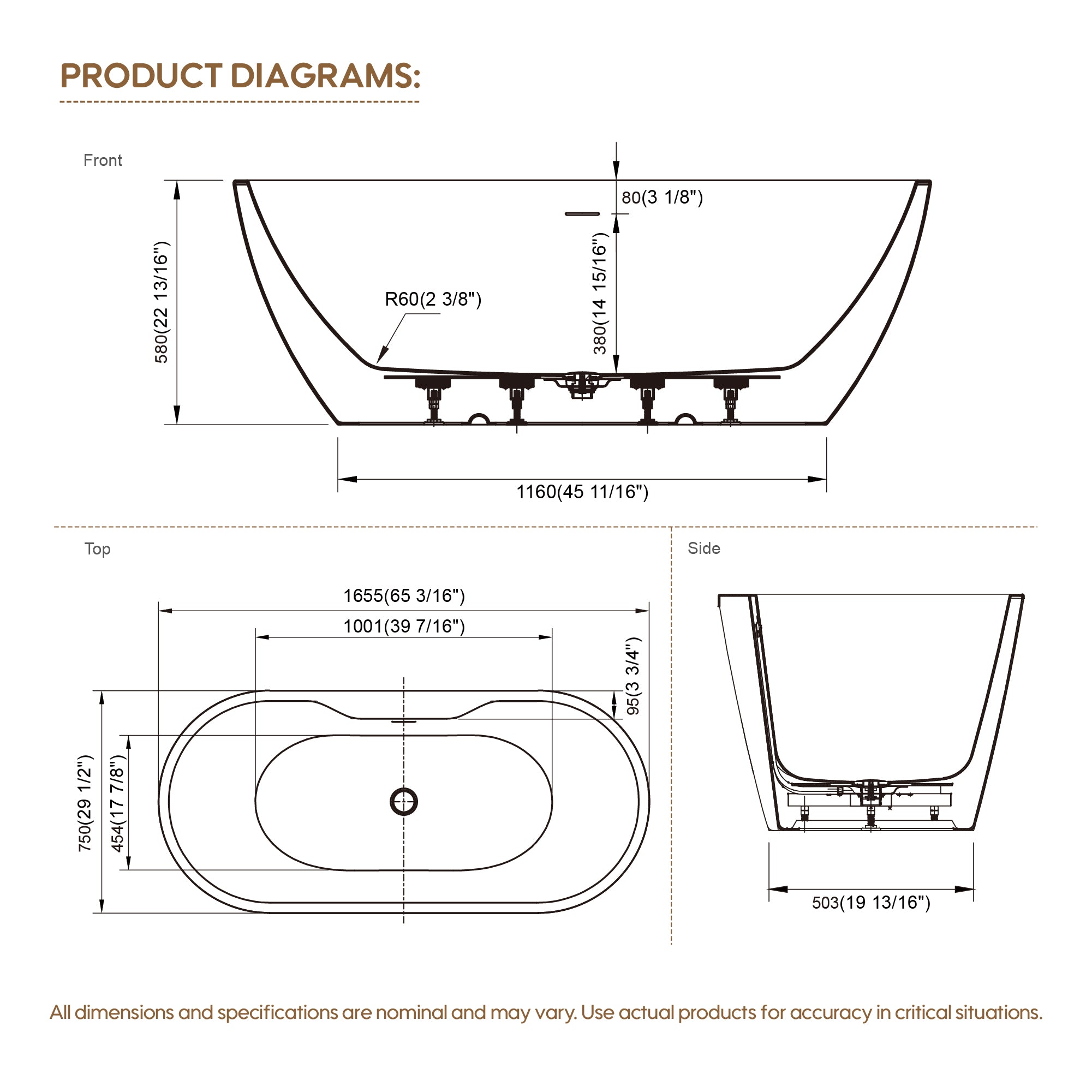 65" Glossy White Acrylic Freestanding Bathtub with Chrome Overflow and Drain, 62 Gallon