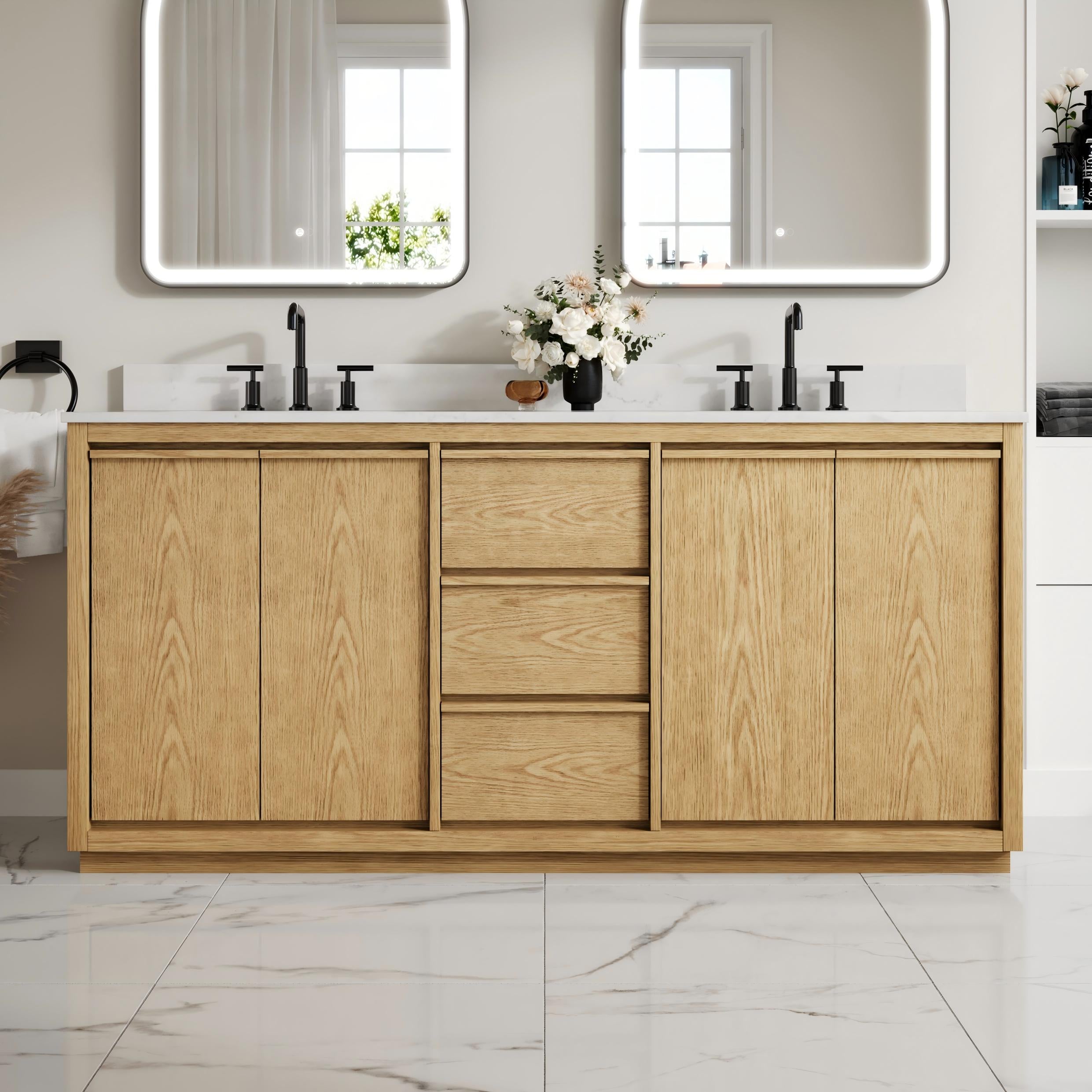 72 Inch Oak Soild Wood Bathroom Vanity with Double Undermount Sinks, 3 Dovetail-constructed Drawers and 4 Soft-close Doors