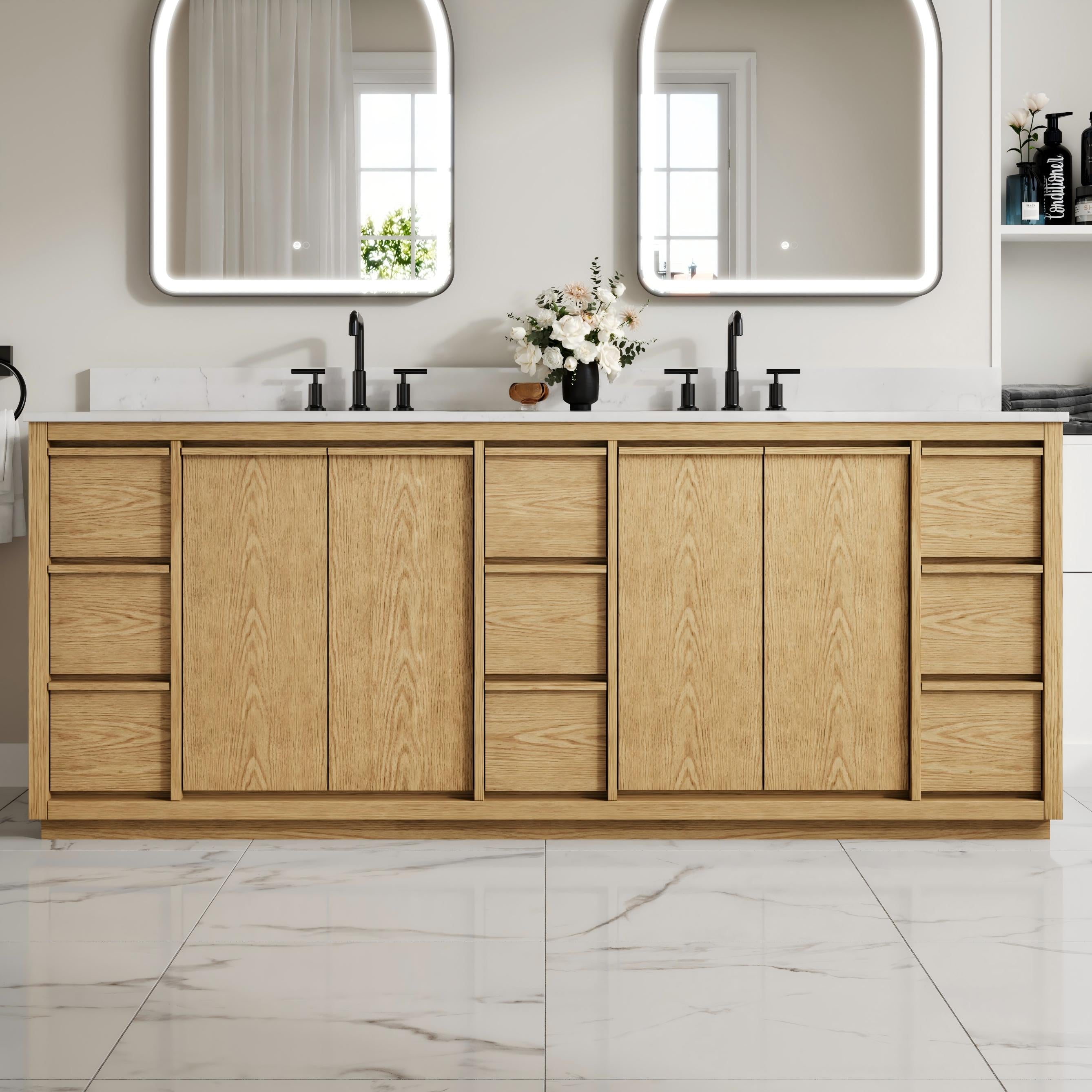 84 Inch Oak Soild Wood Bathroom Vanity with Double Undermount Sinks, 9 Dovetail-constructed Drawers and 4 Soft-close Doors