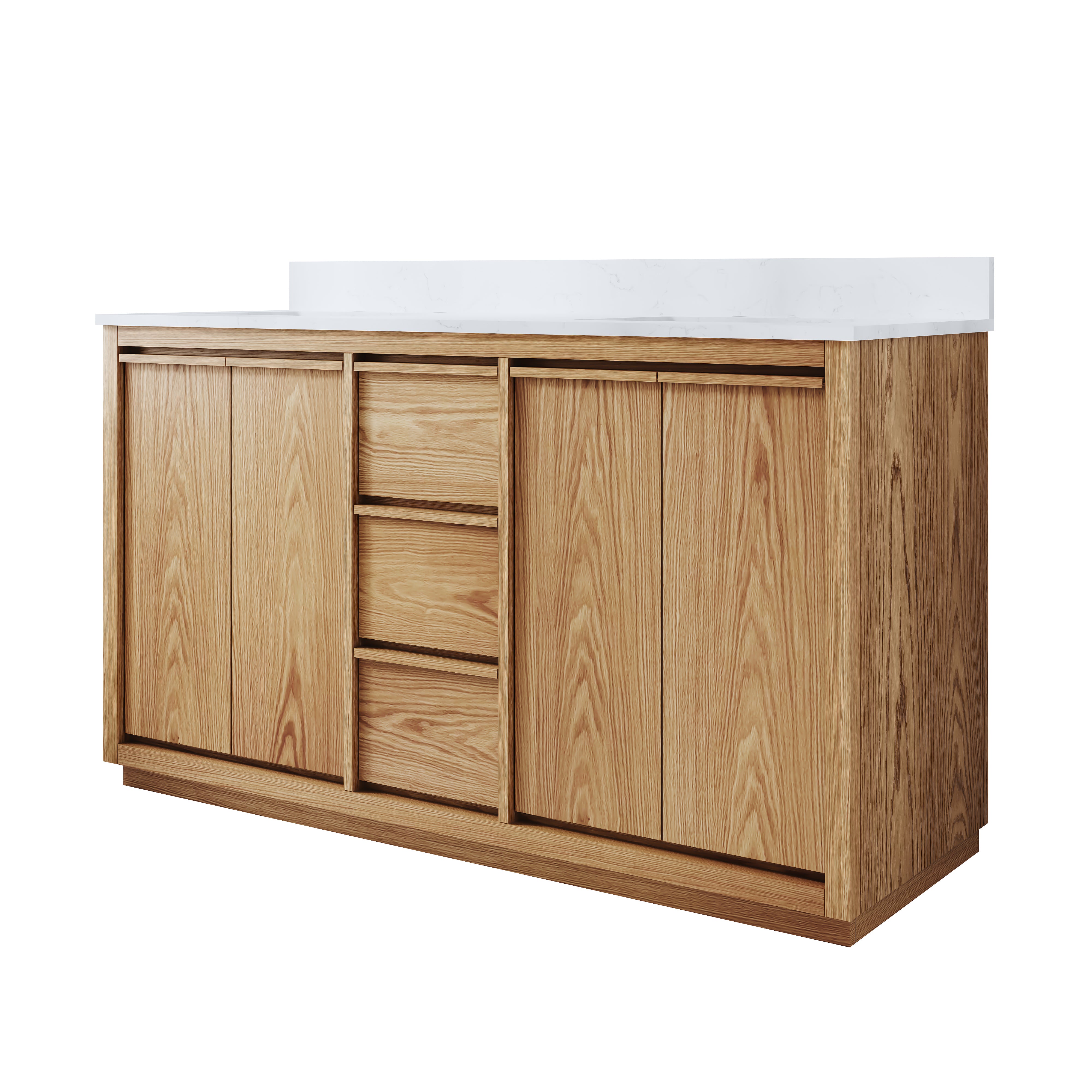 60 Inch Oak Soild Wood Bathroom Vanity with Double Undermount Sinks, 3 Dovetail-constructed Drawers and 4 Soft-close Doors