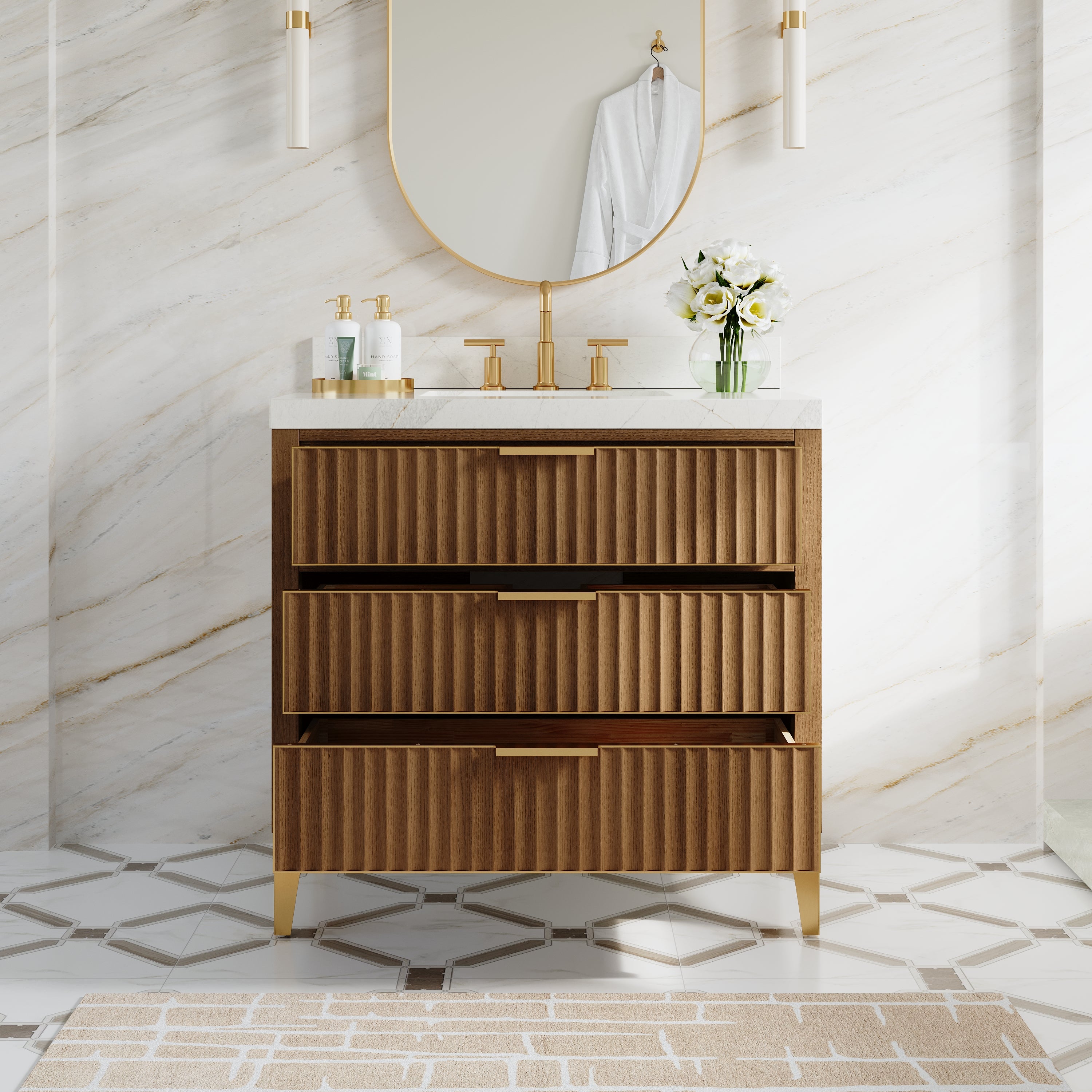 36 Inch Luxury Solid Oak Bathroom Vanity with Calacatta Quartz Countertop & Brushed Gold Stainless Steel Trim and Legs