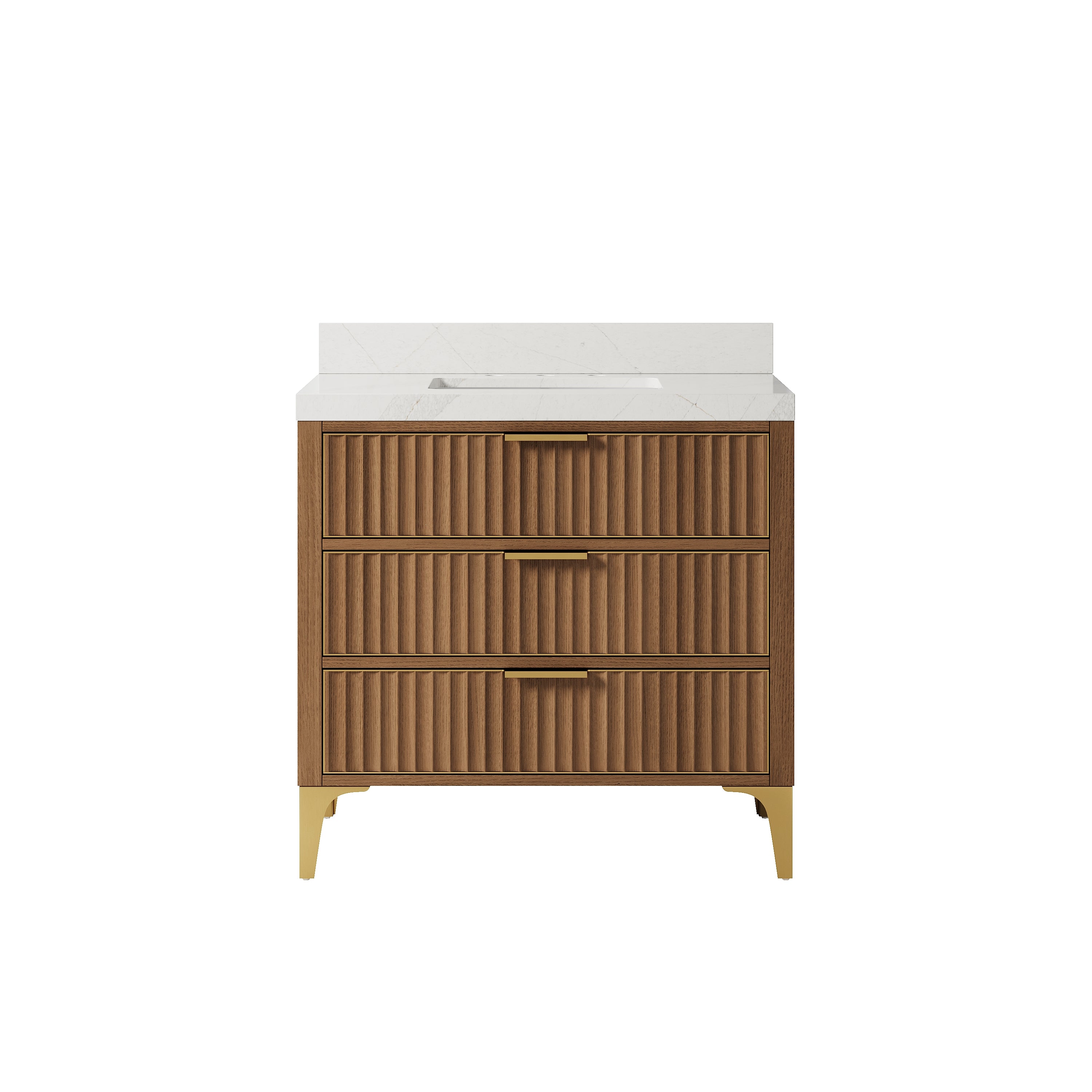 36 Inch Luxury Solid Oak Bathroom Vanity with Calacatta Quartz Countertop & Brushed Gold Stainless Steel Trim and Legs