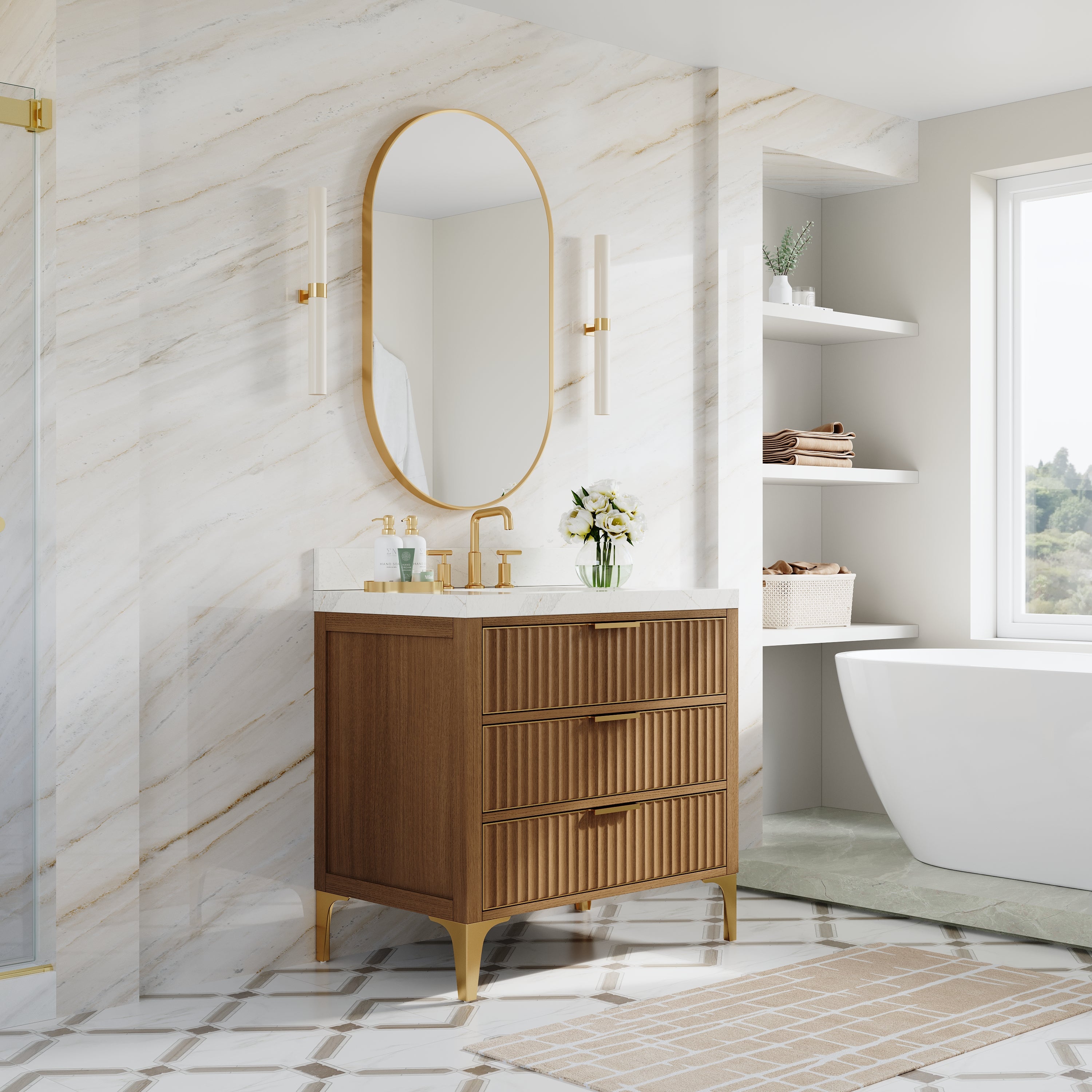 36 Inch Luxury Solid Oak Bathroom Vanity with Calacatta Quartz Countertop & Brushed Gold Stainless Steel Trim and Legs