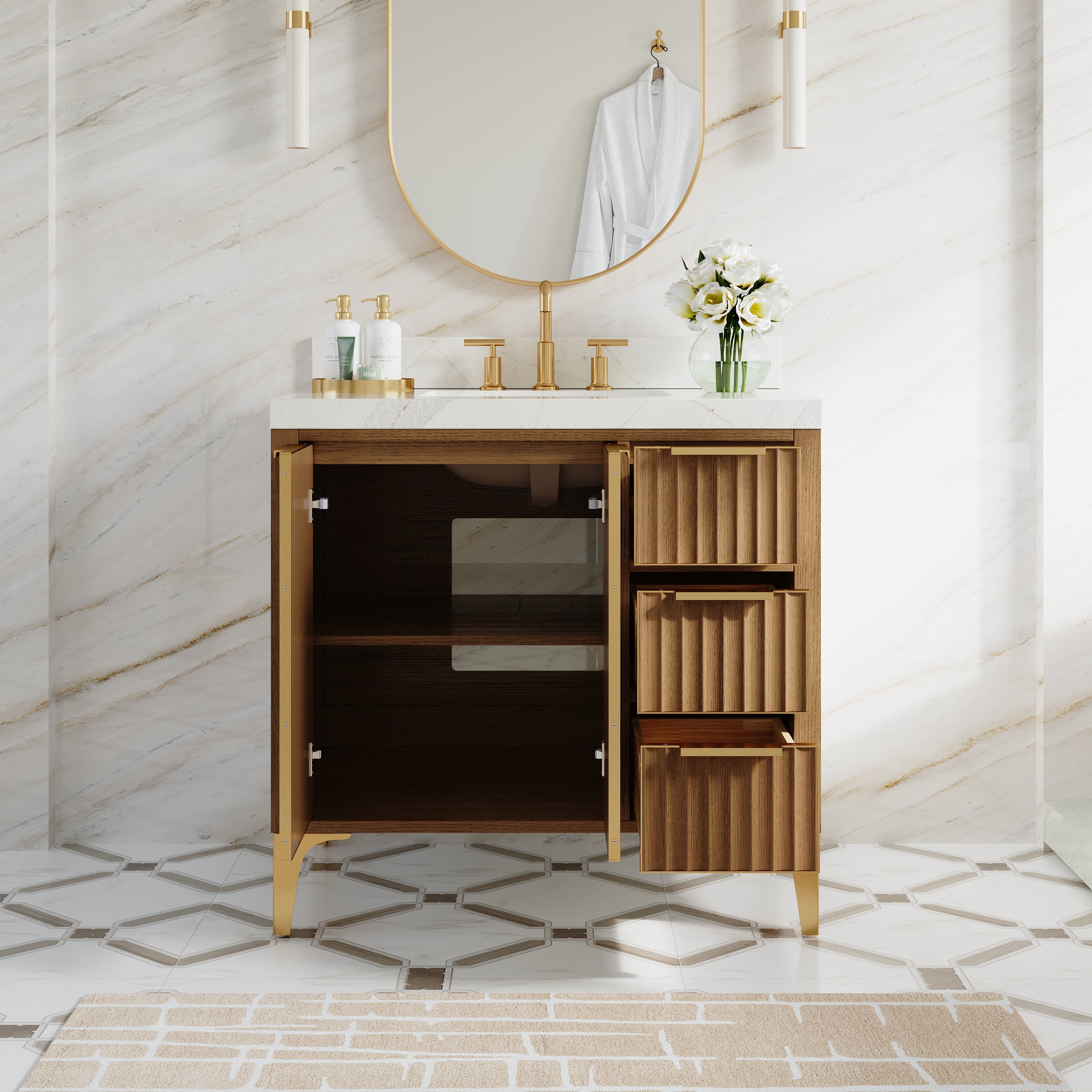 36 Inch Luxury Solid Oak Bathroom Vanity with Calacatta Quartz Countertop & 3 Dovetail Drawers and 2 Soft-close Doors