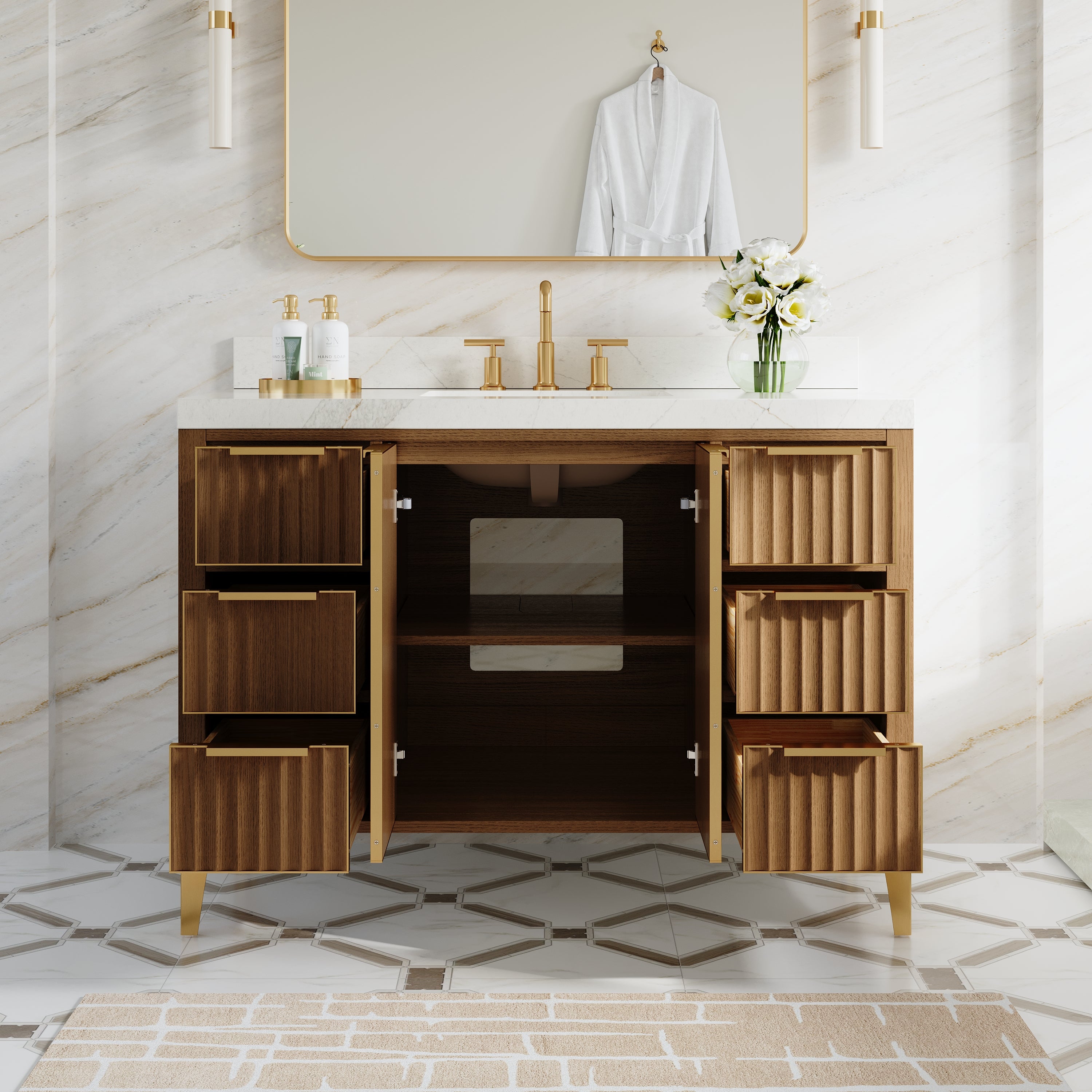 48 Inch Luxury Solid Oak Bathroom Vanity with Calacatta Quartz Countertop & 6 Dovetail Drawers and 2 Soft-close Doors