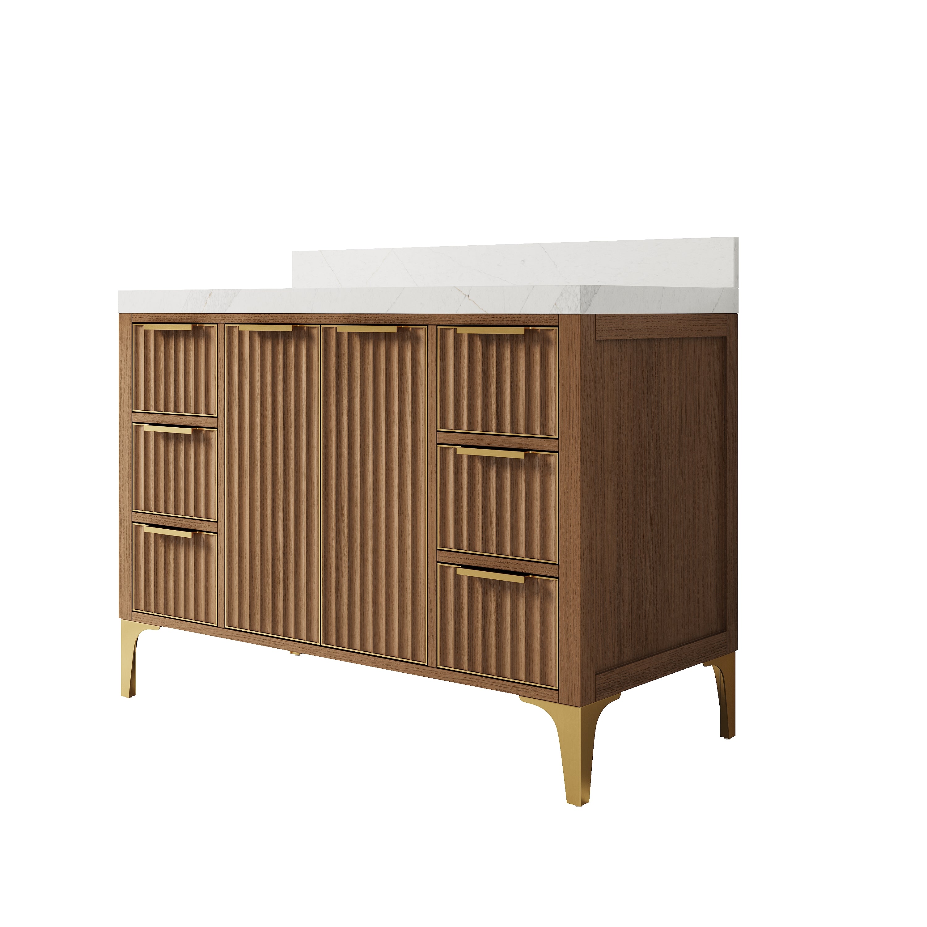 48 Inch Luxury Solid Oak Bathroom Vanity with Calacatta Quartz Countertop & 6 Dovetail Drawers and 2 Soft-close Doors