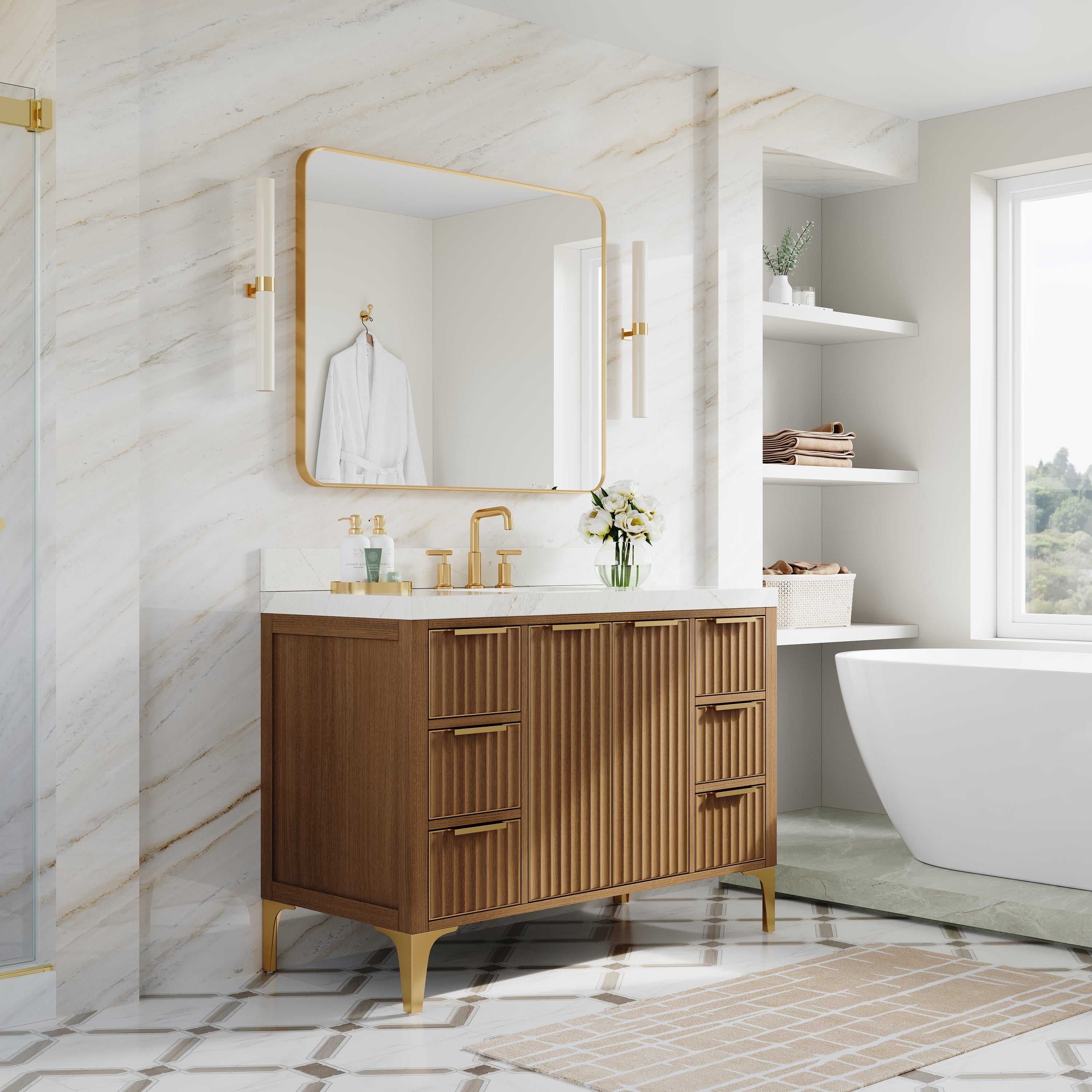 48 Inch Luxury Solid Oak Bathroom Vanity with Calacatta Quartz Countertop & 6 Dovetail Drawers and 2 Soft-close Doors