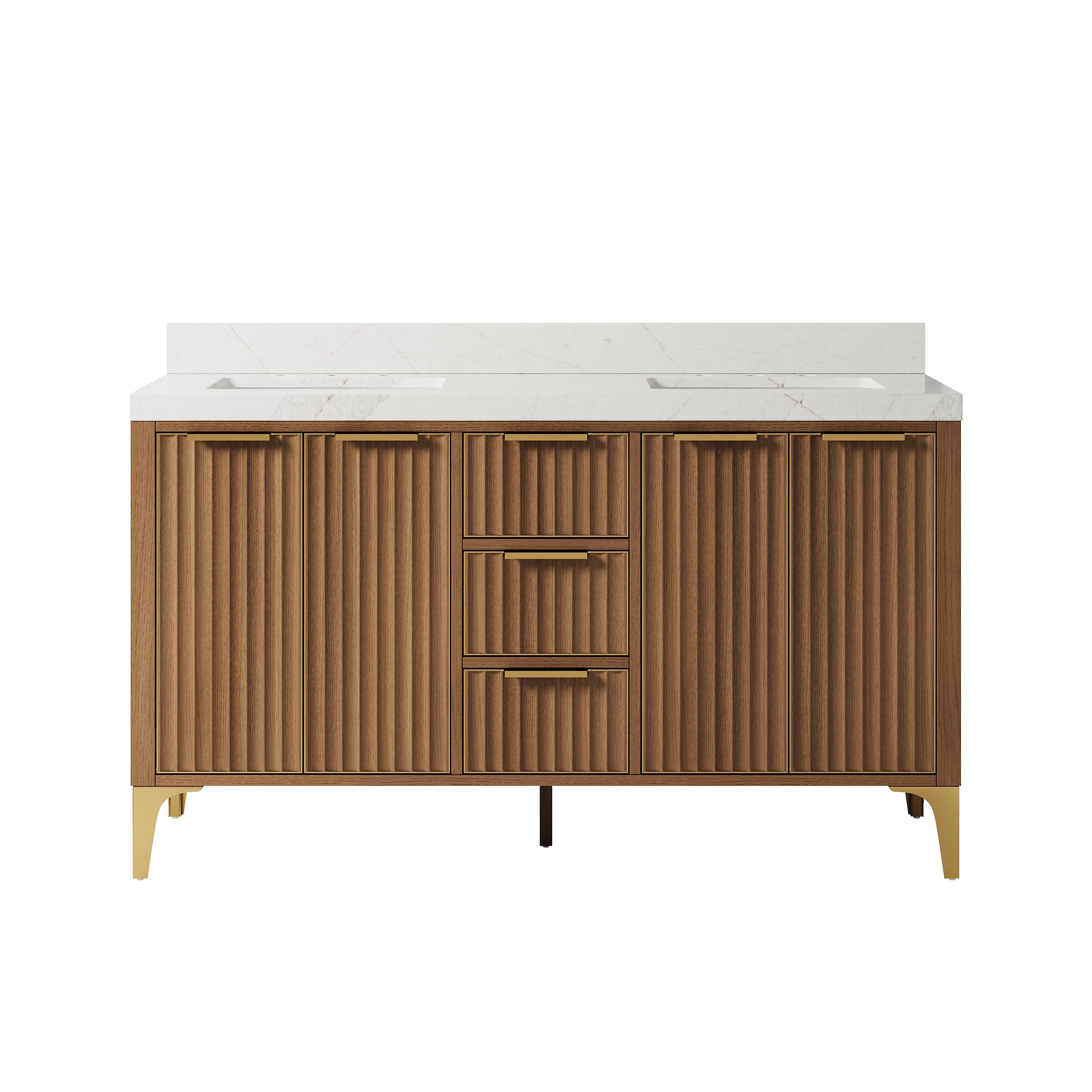 60 Inch Luxury Solid Oak Bathroom Vanity with Calacatta Quartz Countertop & 3 Dovetail Drawers and 4 Soft-close Doors