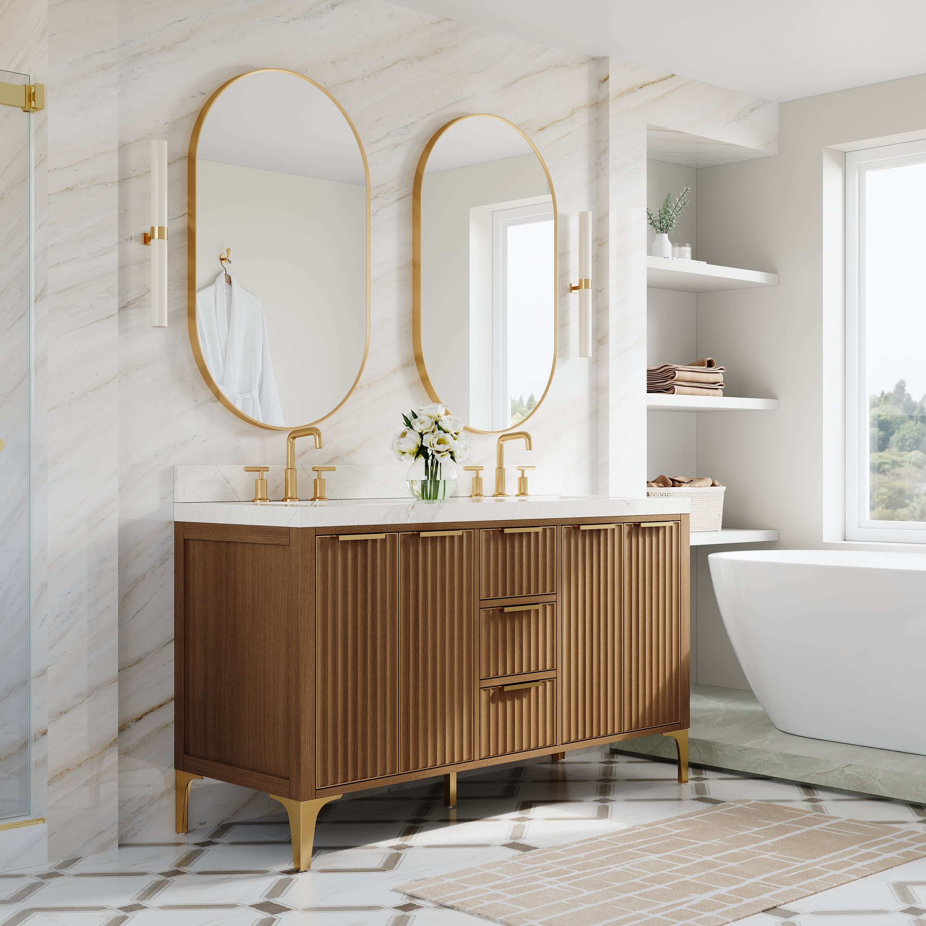 60 Inch Luxury Solid Oak Bathroom Vanity with Calacatta Quartz Countertop & 3 Dovetail Drawers and 4 Soft-close Doors