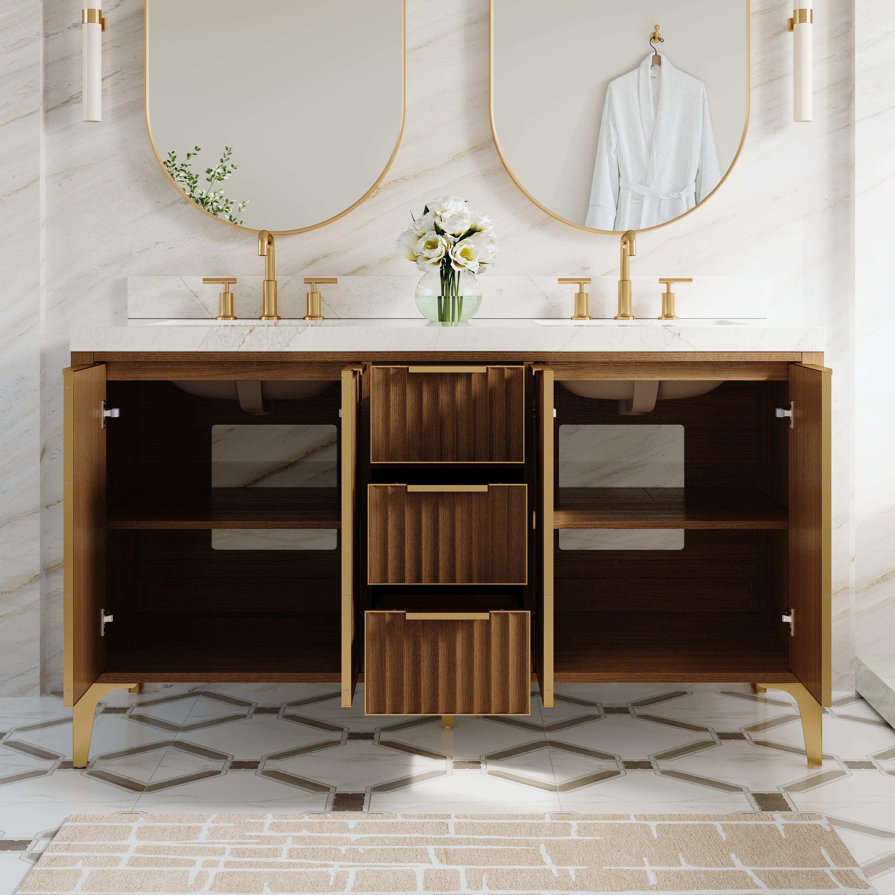 60 Inch Luxury Solid Oak Bathroom Vanity with Calacatta Quartz Countertop & 3 Dovetail Drawers and 4 Soft-close Doors