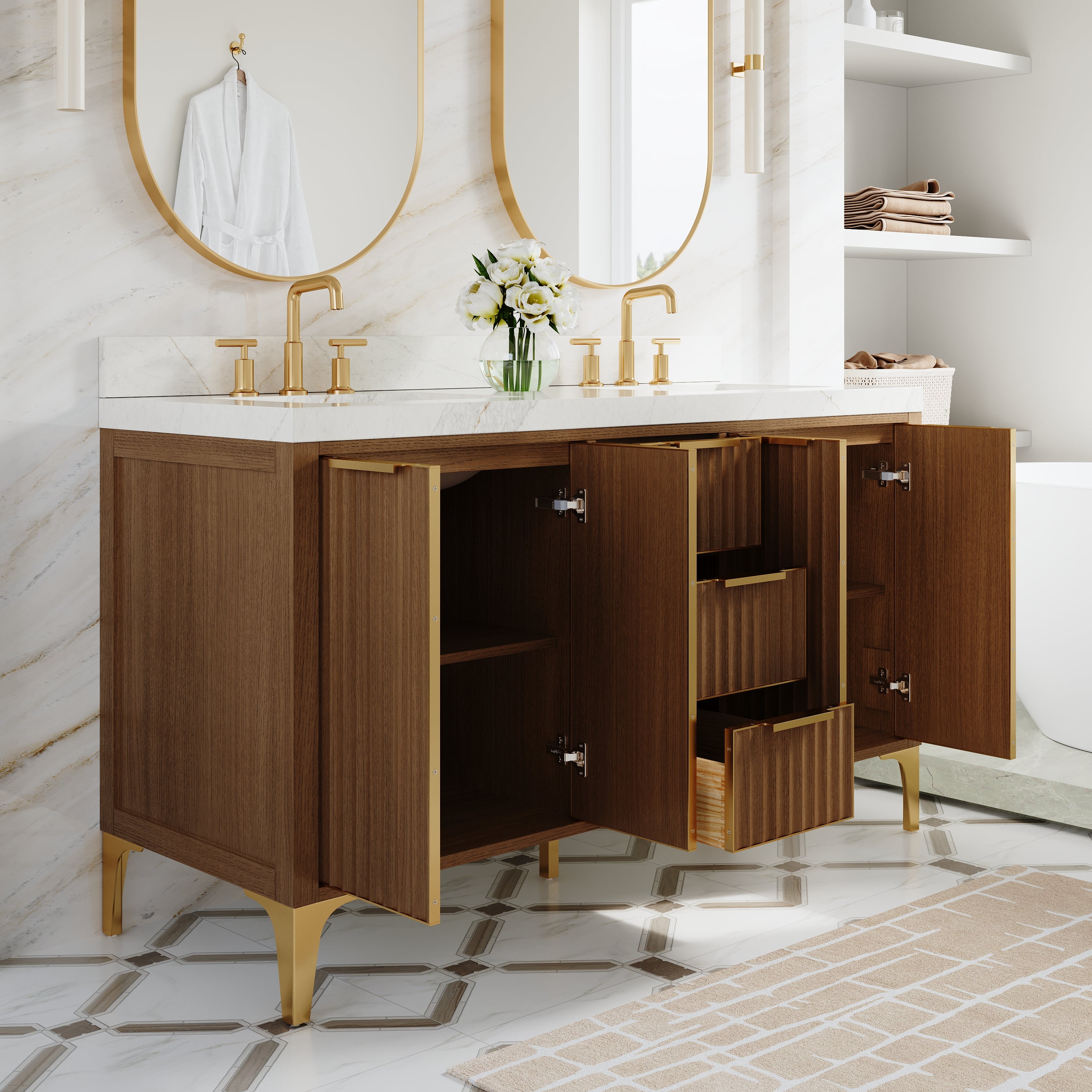 60 Inch Luxury Solid Oak Bathroom Vanity with Calacatta Quartz Countertop & 3 Dovetail Drawers and 4 Soft-close Doors