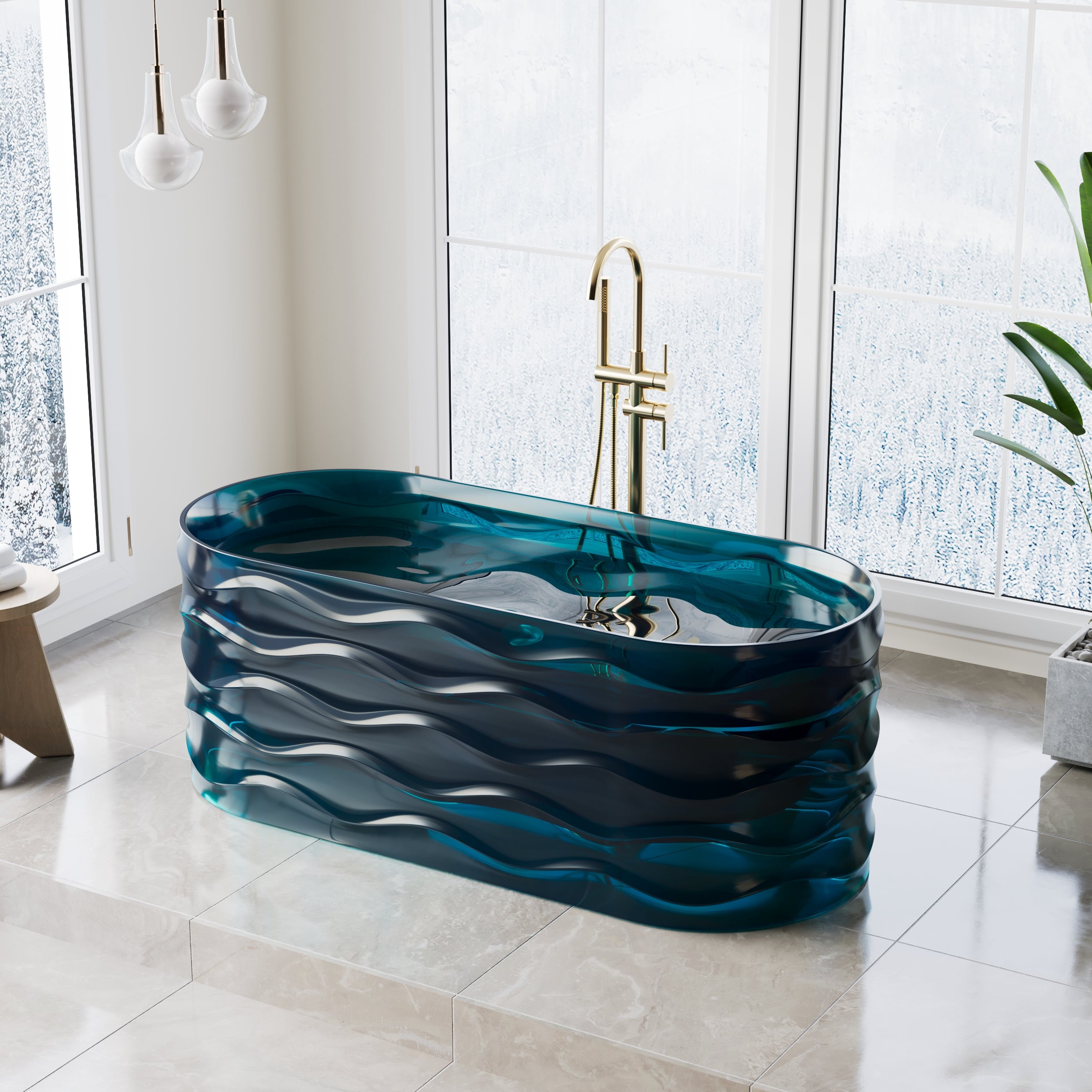 62" Pure Resin Transparent Freestanding Bathtub with Drain, Transparent Sea Blue