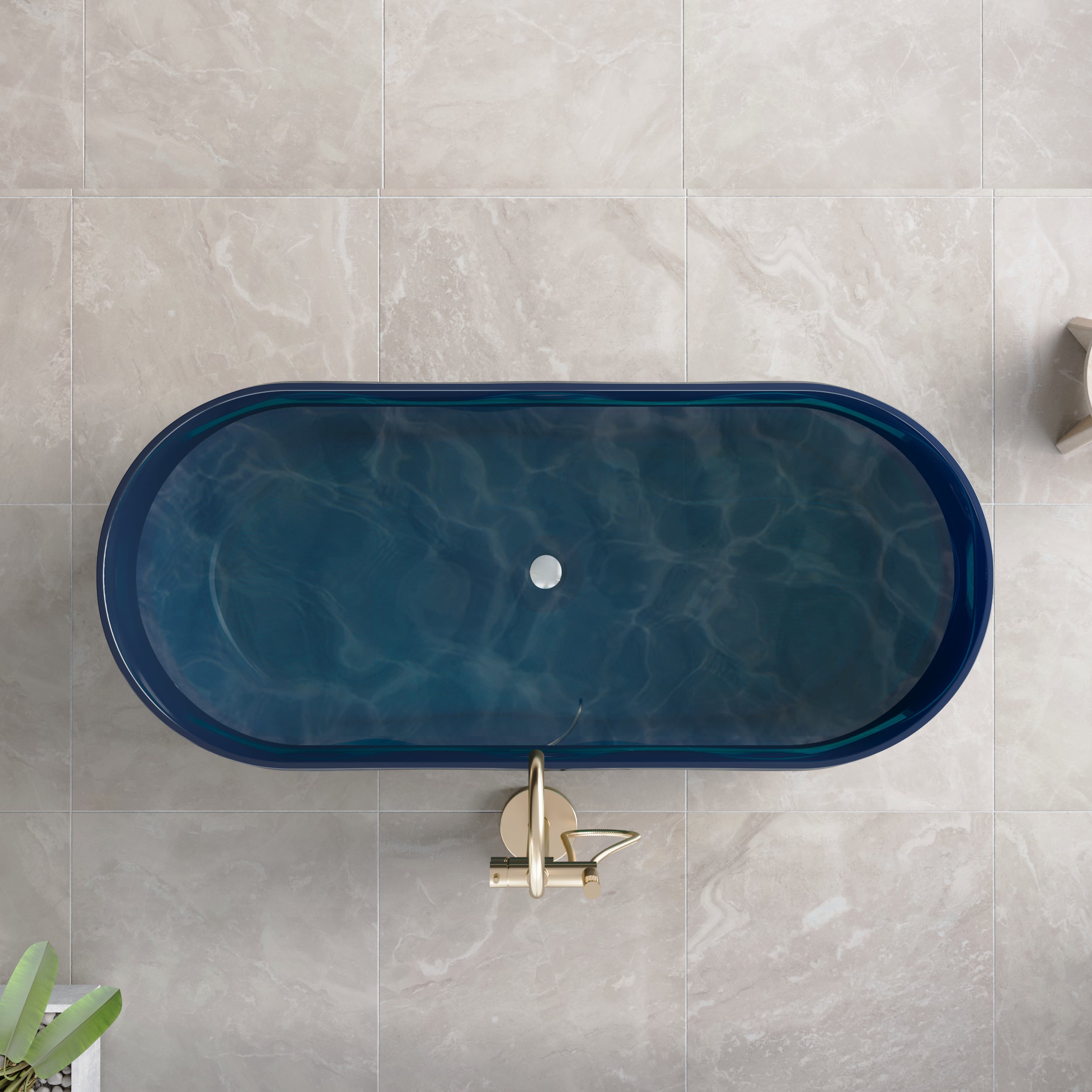62" Pure Resin Transparent Freestanding Bathtub with Drain, Transparent Sea Blue