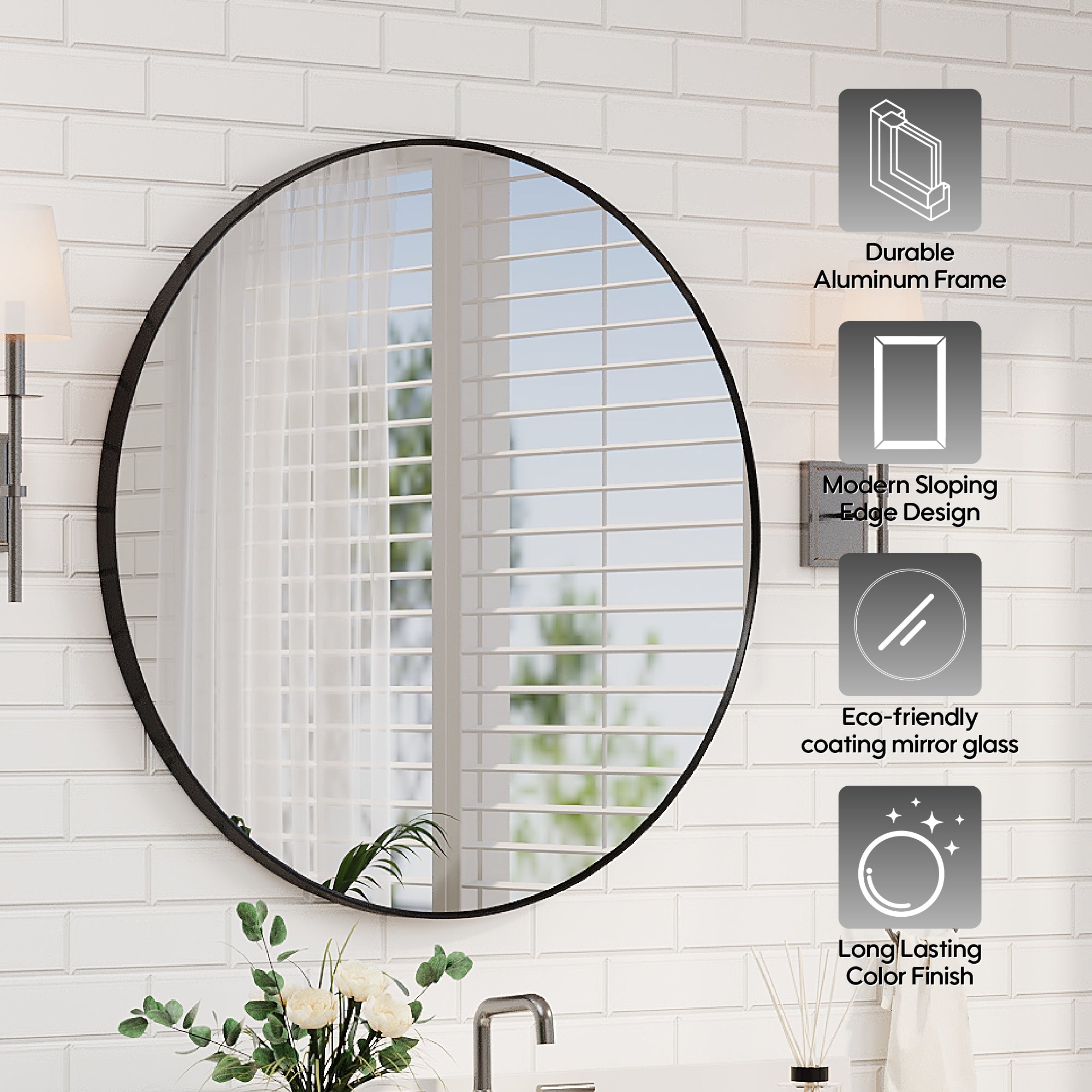 36 in. W x 36 in. H Black Modern Bathroom Mirror Round Framed Aluminum Wall Mirror