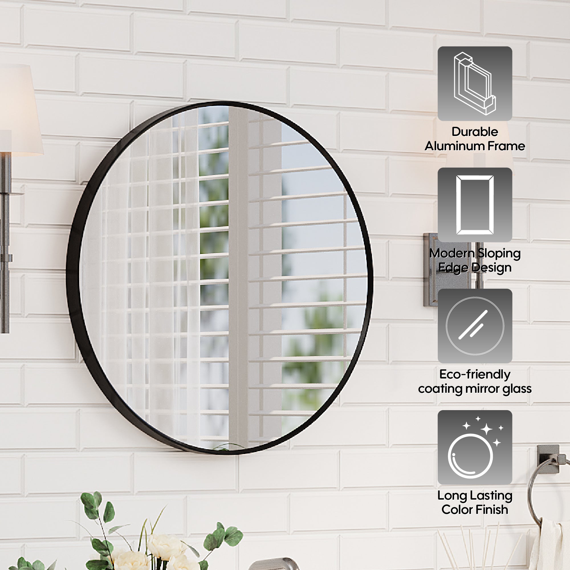24 in. W x 24 in. H Black Modern Bathroom Mirror Round Framed Aluminum Wall Mirror