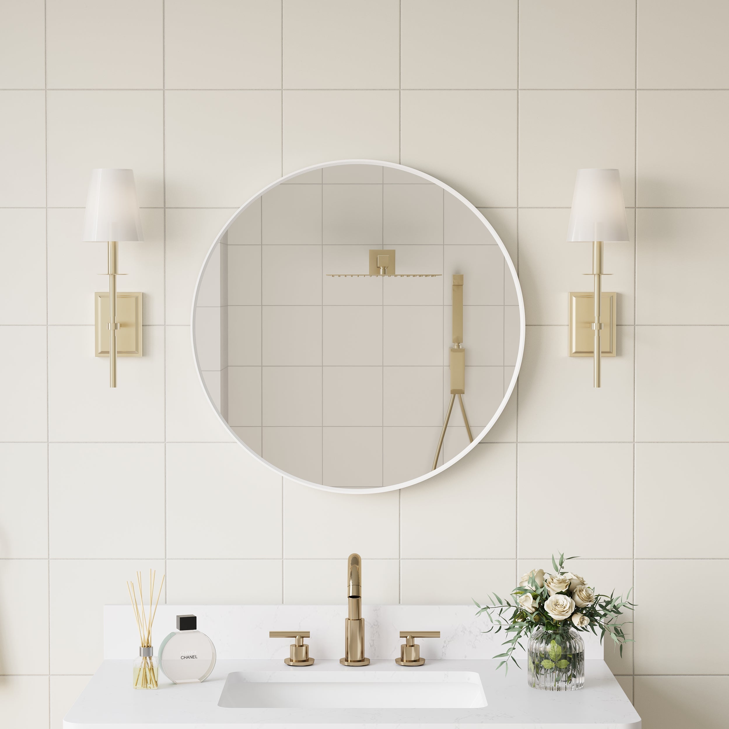 24 in. W x 24 in. H White Modern Bathroom Mirror Round Framed Aluminum Wall Mirror