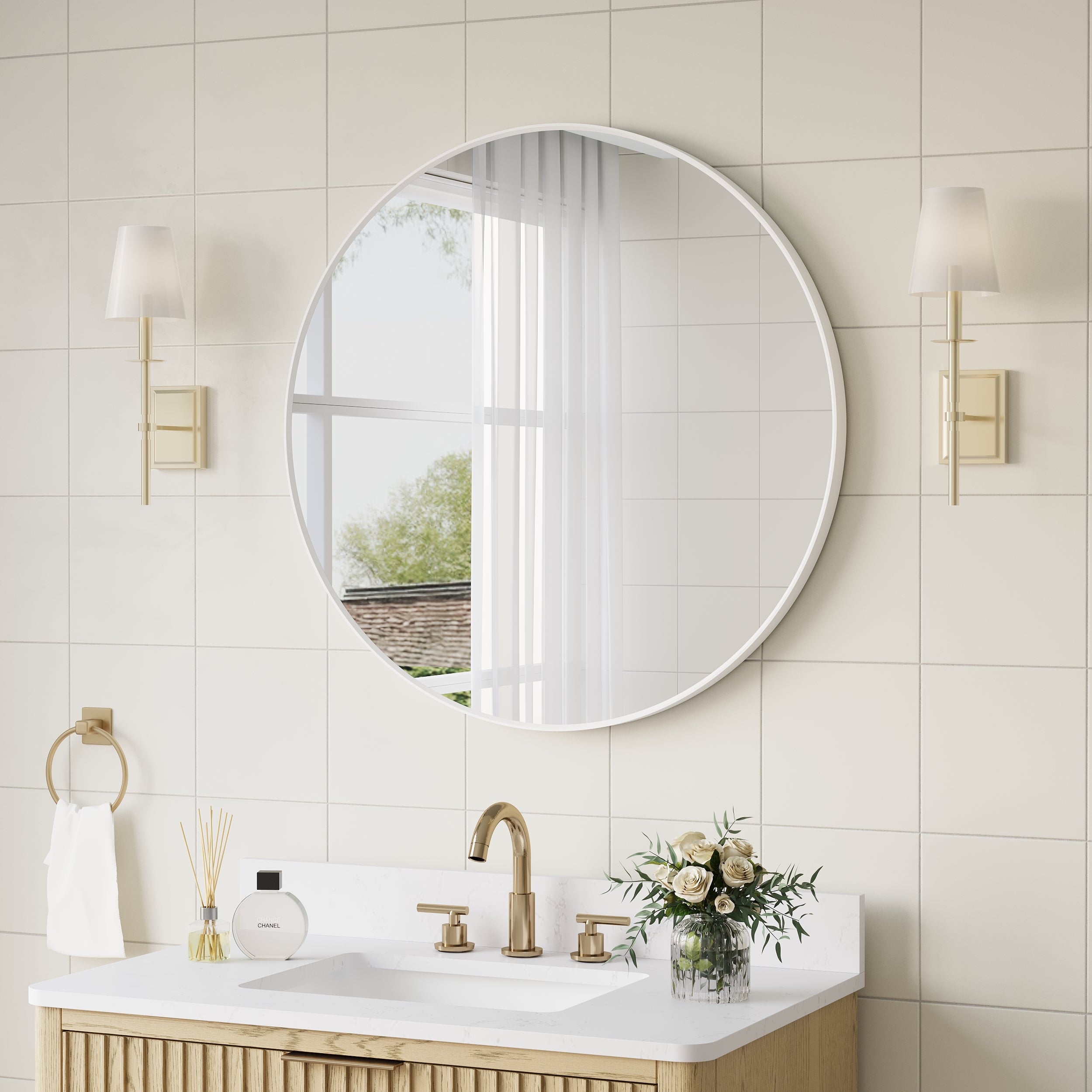 32 in. W x 32 in. H White Modern Bathroom Mirror Round Framed Aluminum Wall Mirror