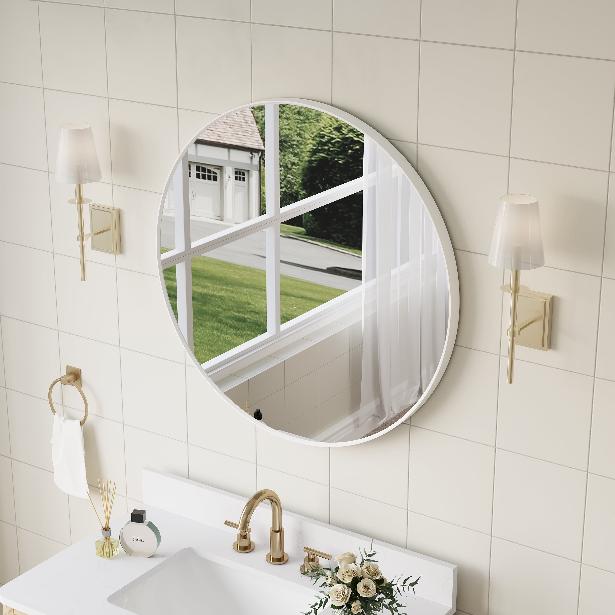 32 in. W x 32 in. H White Modern Bathroom Mirror Round Framed Aluminum Wall Mirror