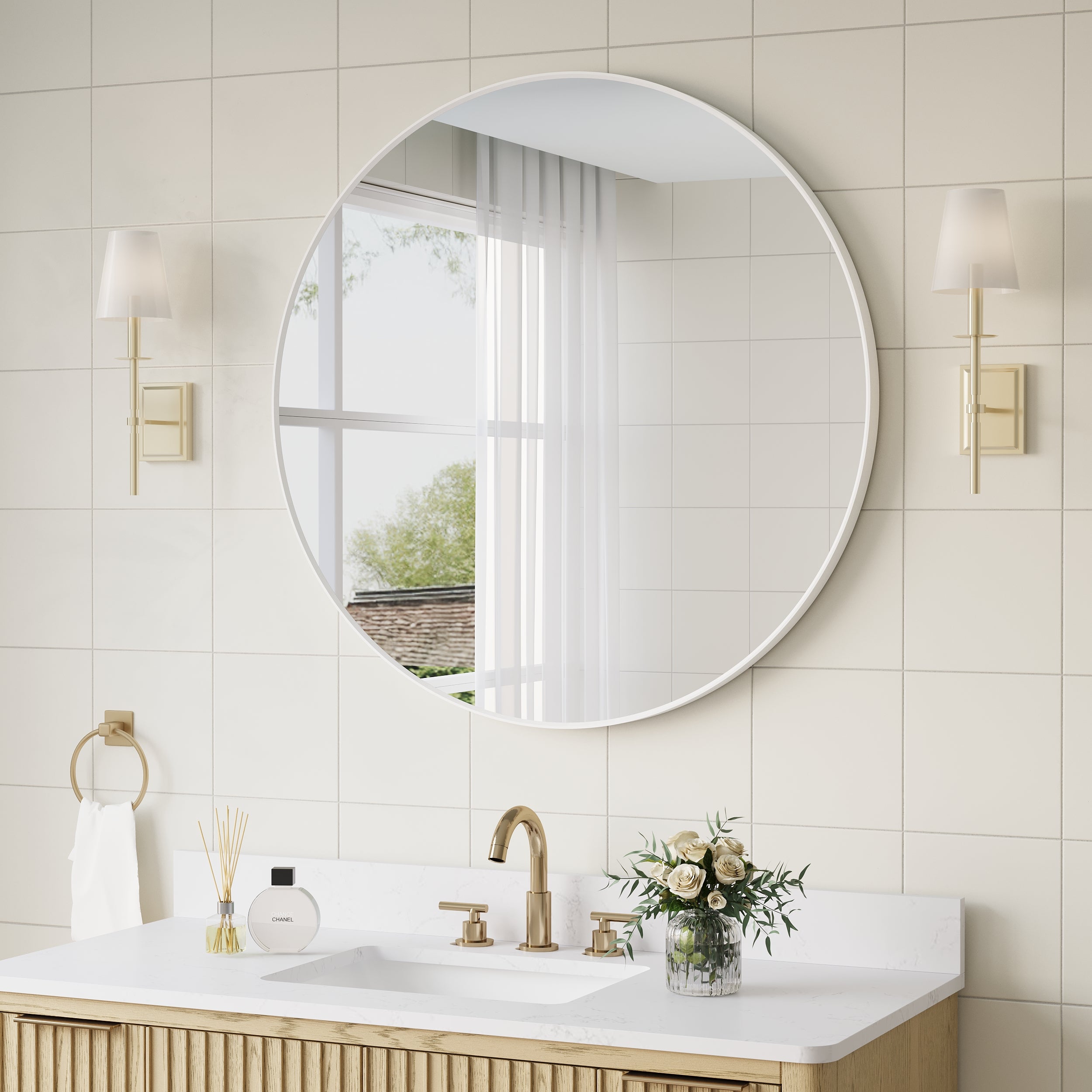 36 in. W x 36 in. H White Modern Bathroom Mirror Round Framed Aluminum Wall Mirror