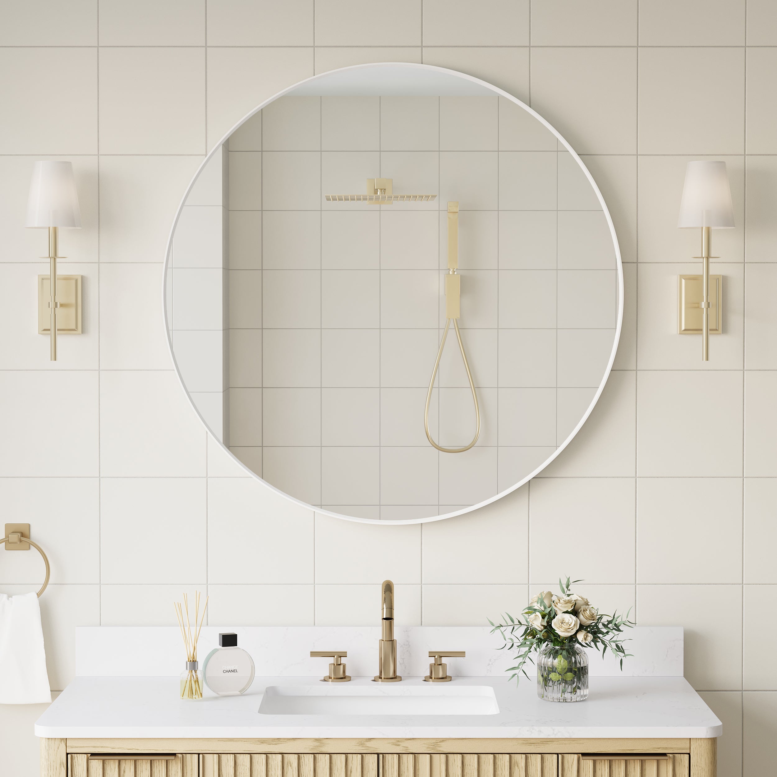 36 in. W x 36 in. H White Modern Bathroom Mirror Round Framed Aluminum Wall Mirror
