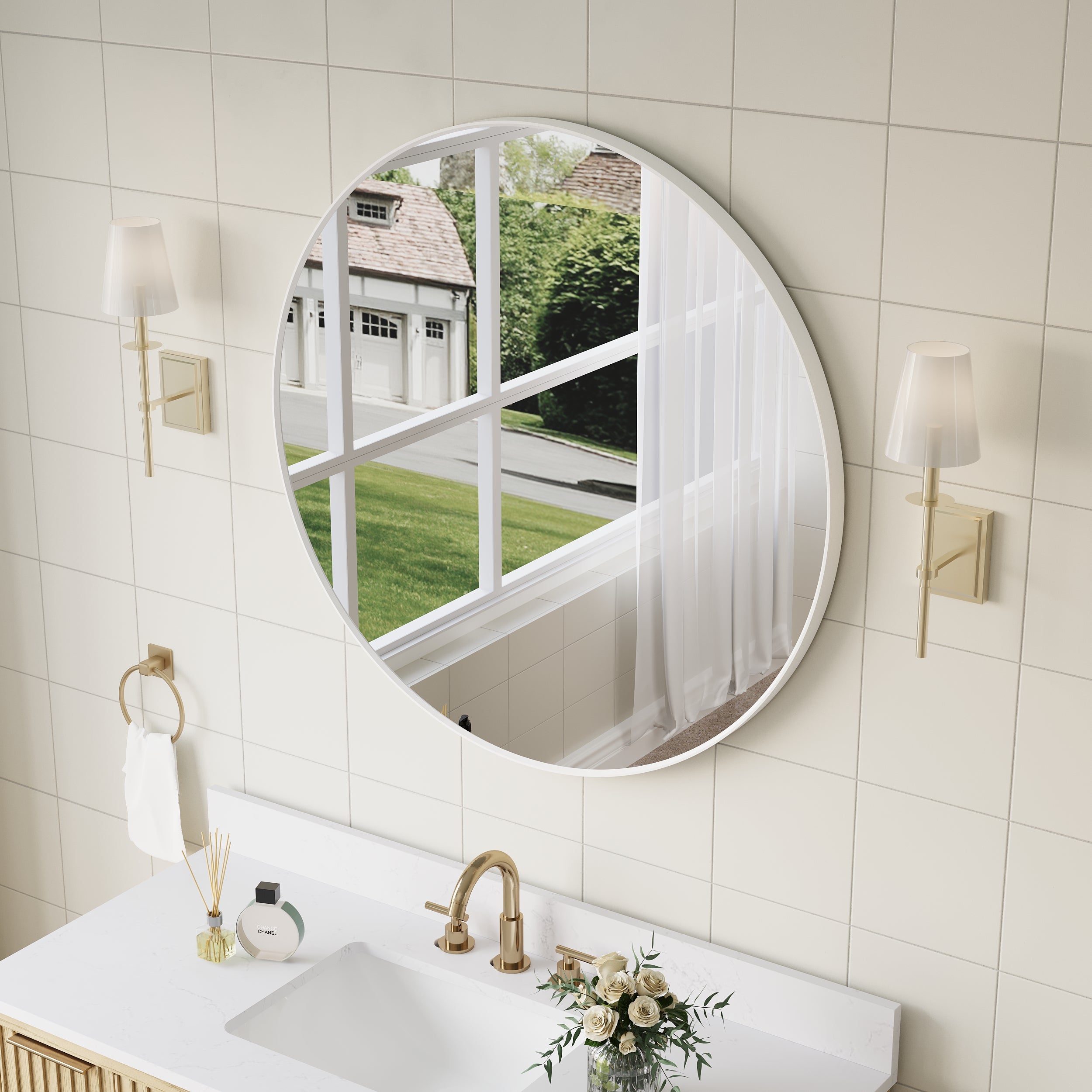36 in. W x 36 in. H White Modern Bathroom Mirror Round Framed Aluminum Wall Mirror