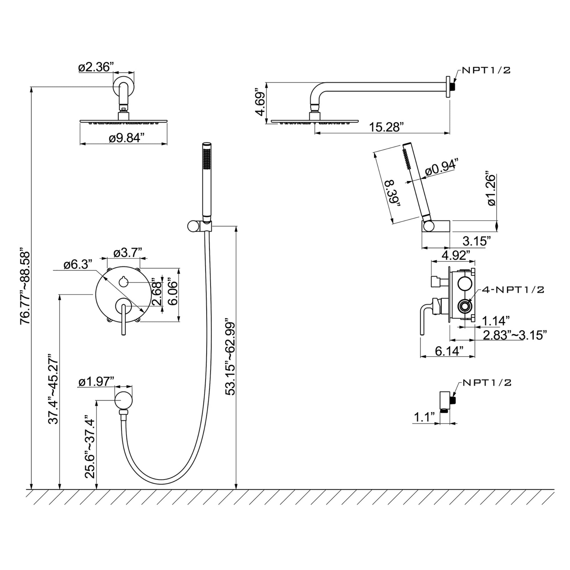Matte Black Double Handle Two-function Concealed Round Shower System