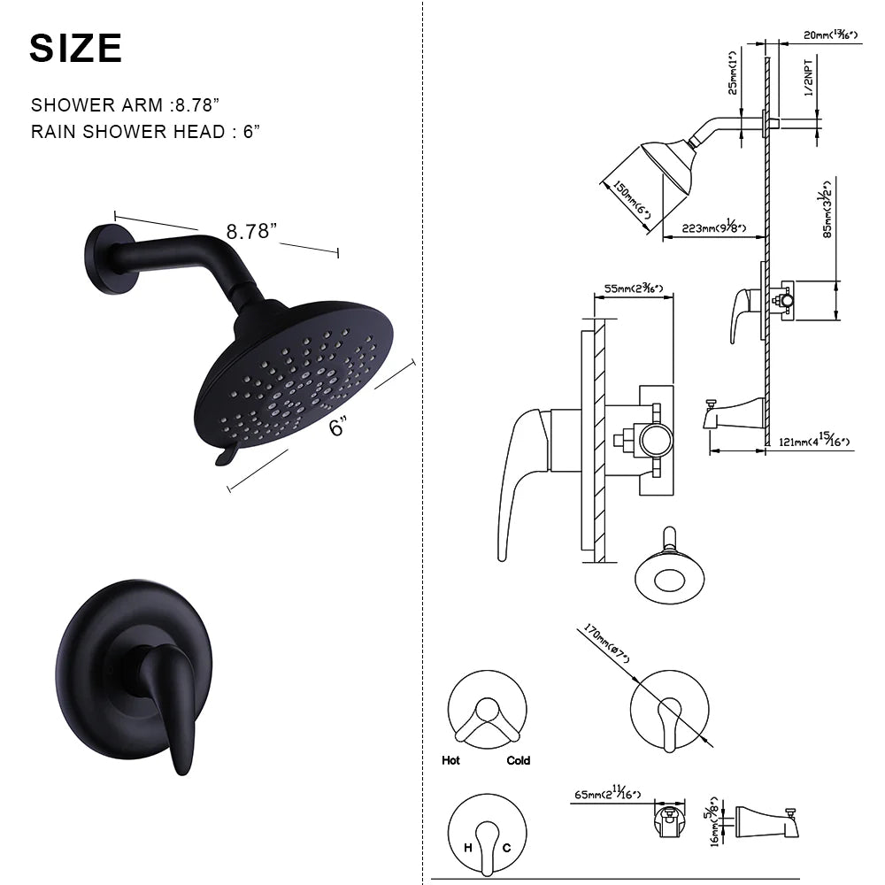 Wall Mounted 5-Setting High-Pressure Matte Black Shower Head with Single Lever